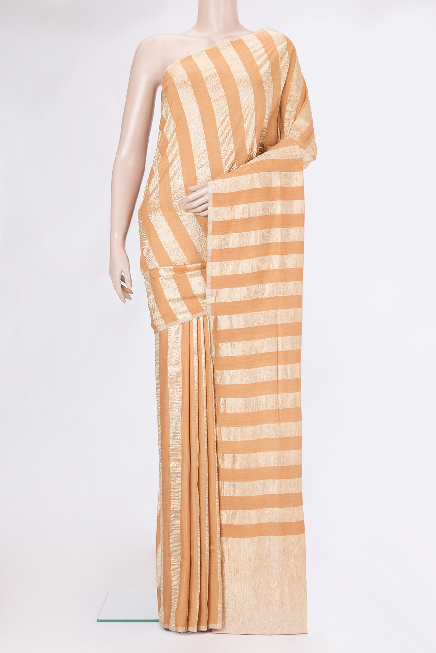 Sandal Tussar Silk Saree with Stripes on the body and Zari Border.  displayed on a mannequin