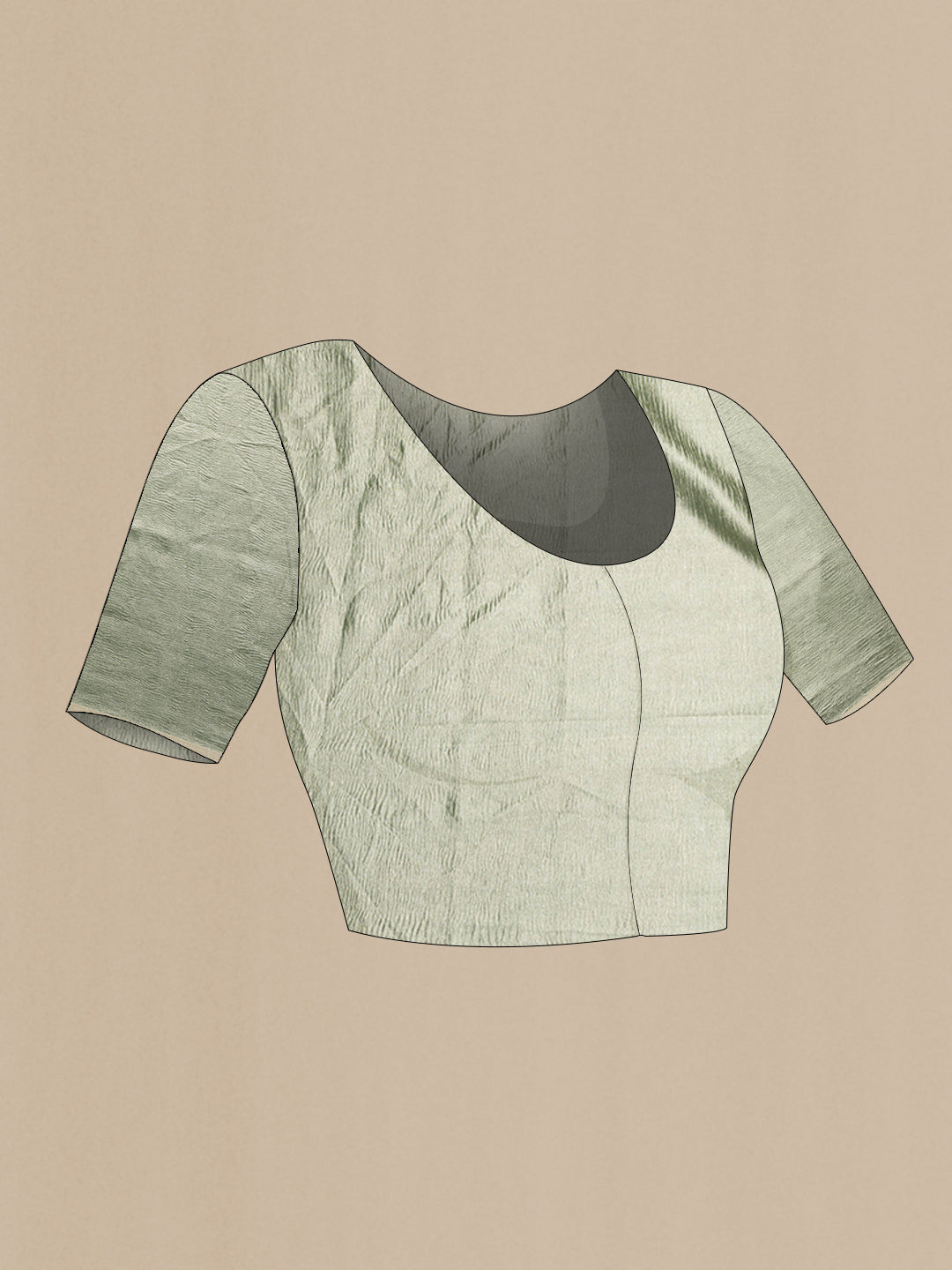 Close up image of the blouse of Green Tussar Silk Saree with Stripes on the body and Zari Border. 