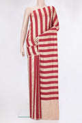 Maroon Dual Tone Tussar Silk Saree with Stripes on the body and Zari Border.  displayed on a mannequin