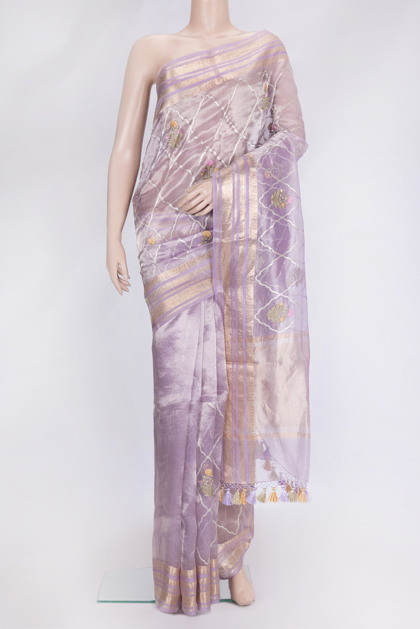 Lavender Dual Tone Organza Silk Saree with Zari Brocade on the body and Zari Border.  displayed on a mannequin