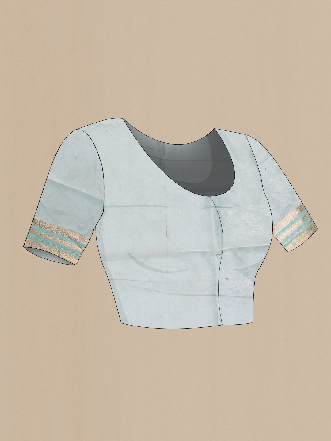 Close up image of the blouse of Light Blue Organza Silk Saree with Embroidery on the body and Zari Border