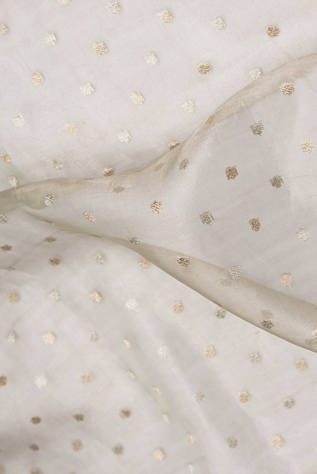 Close up of Pista Green Dual Tone Organza Silk Saree with Zari Butta on the body and Fancy Border.  displaying folds
