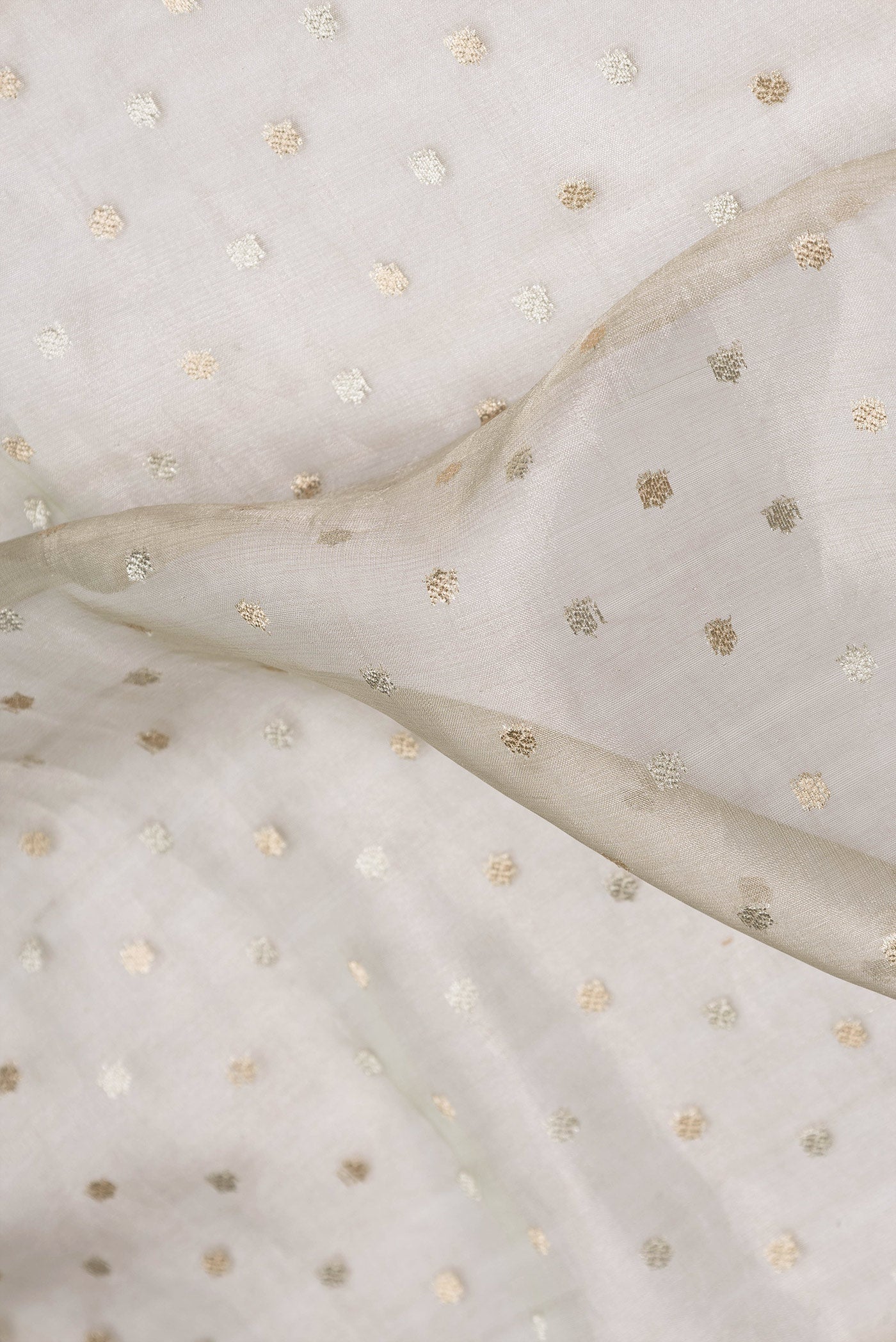 Close up of Pista Green Dual Tone Organza Silk Saree with Zari Butta on the body and Fancy Border.  displaying folds