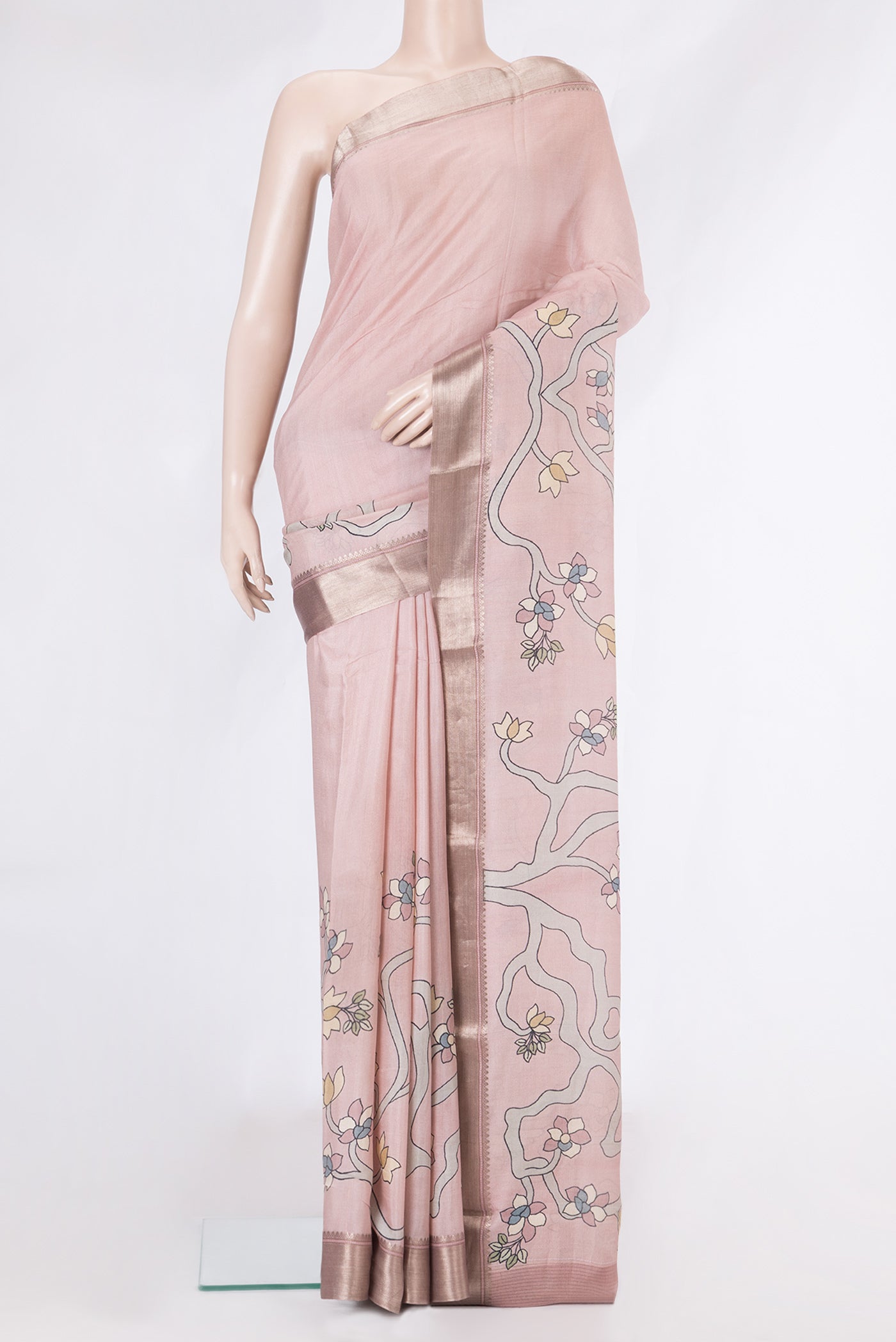 Rose Gold Dual Tone Tussar Silk Saree with Printed design on the body and Zari Border.  displayed on a mannequin