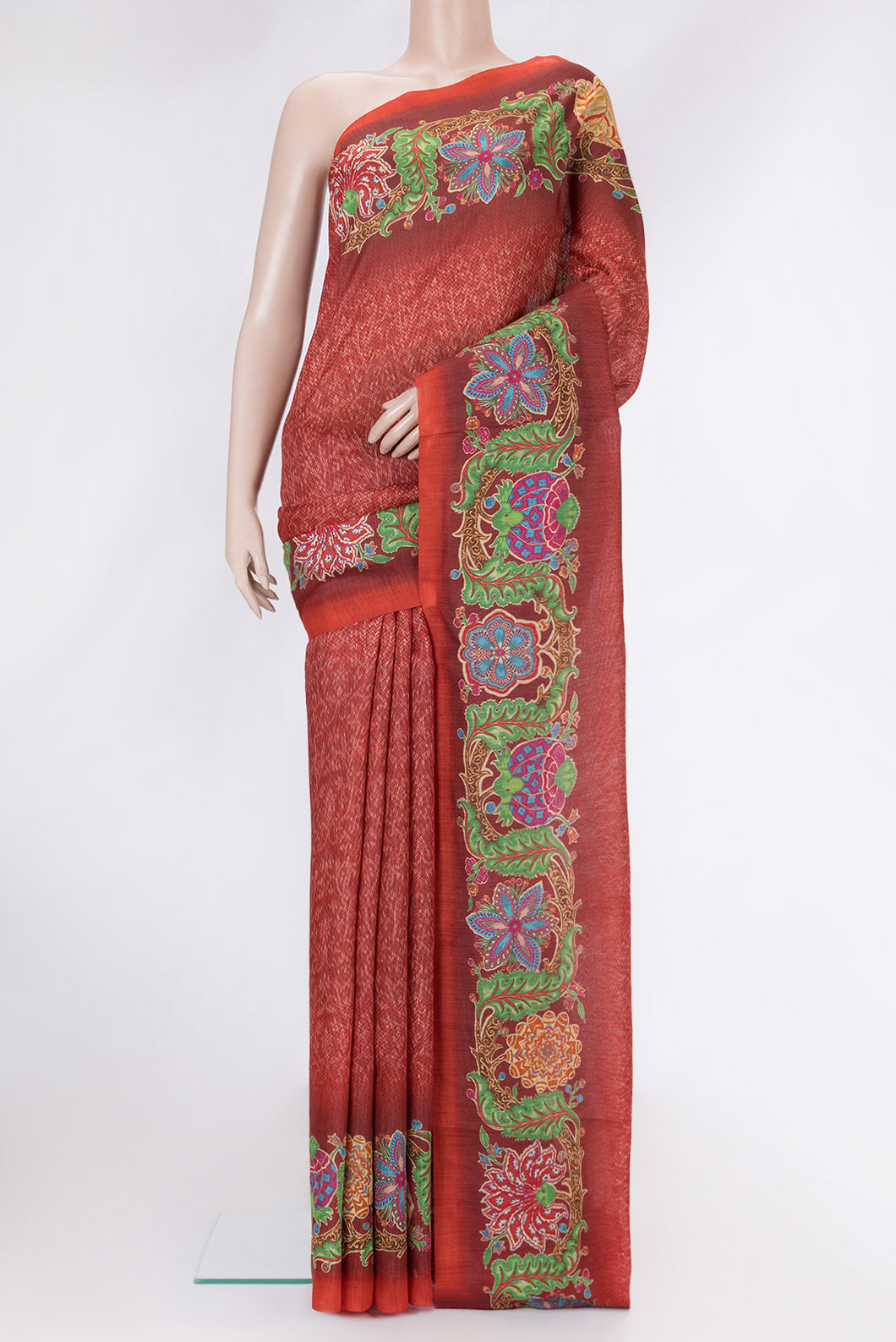Red Dual Tone Chanderi Silk Saree with Printed design on the body and Fancy Border.  displayed on a mannequin