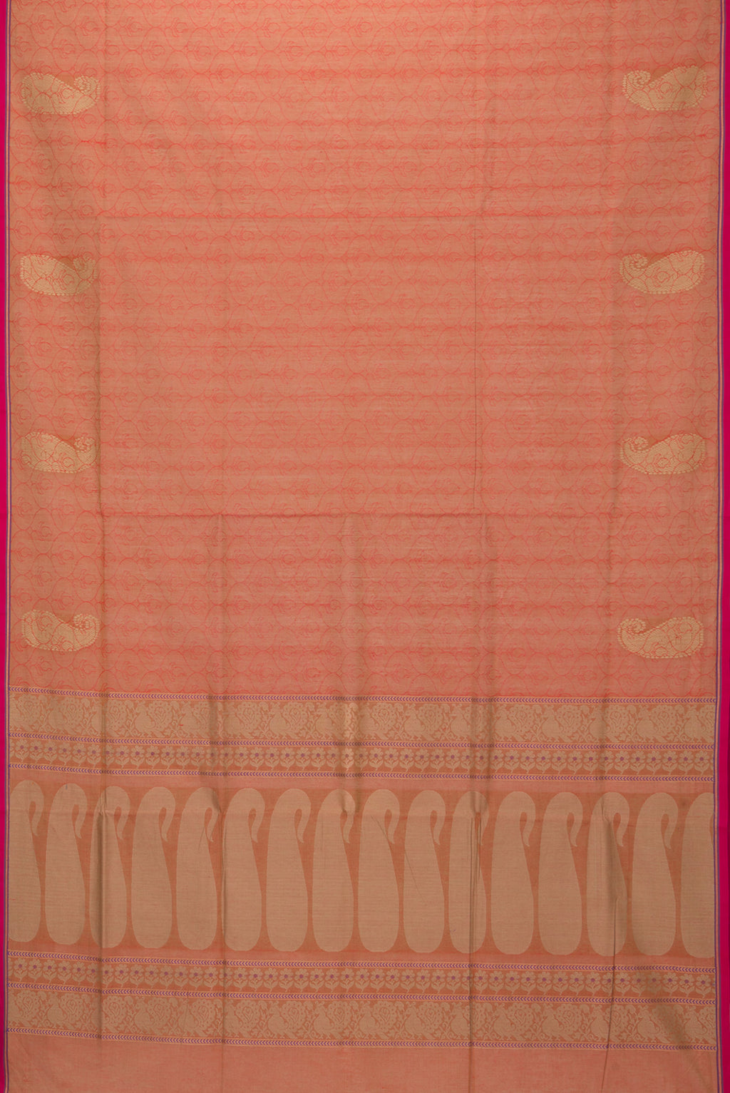 Flat view of Brick Orange Dual Tone Coimbatore Cotton Saree with Jacquard design on the body and Fancy Border. 