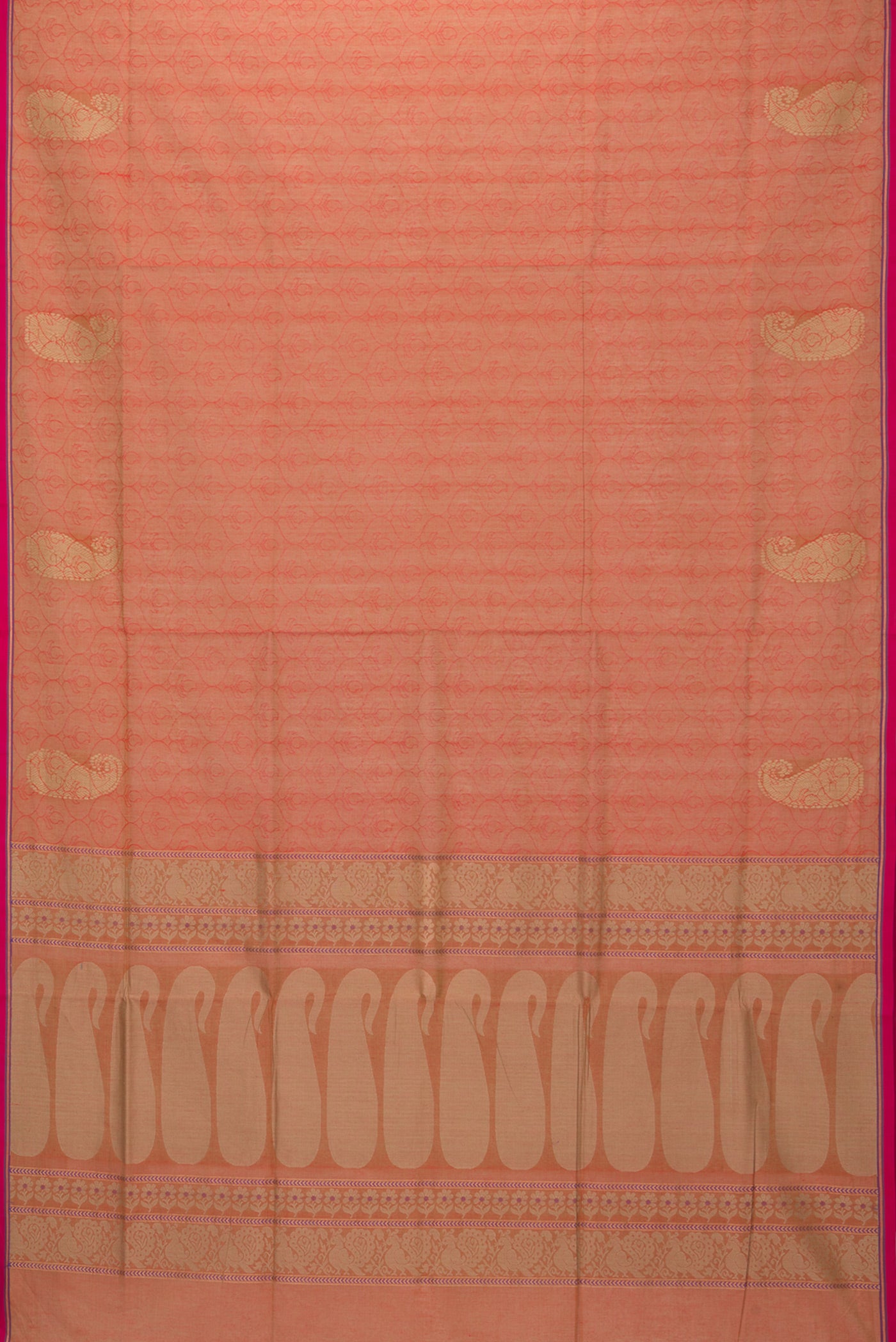 Flat view of Brick Orange Dual Tone Coimbatore Cotton Saree with Jacquard design on the body and Fancy Border. 