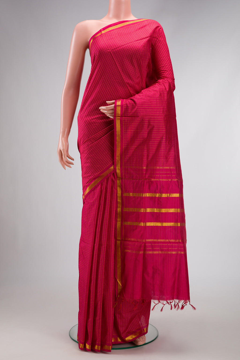 Pure Silk Pure Zari Maroon Dual Tone Kanjivaram Nine Yards Saree with Checked design on the body and Zari Border.  displayed on a mannequin