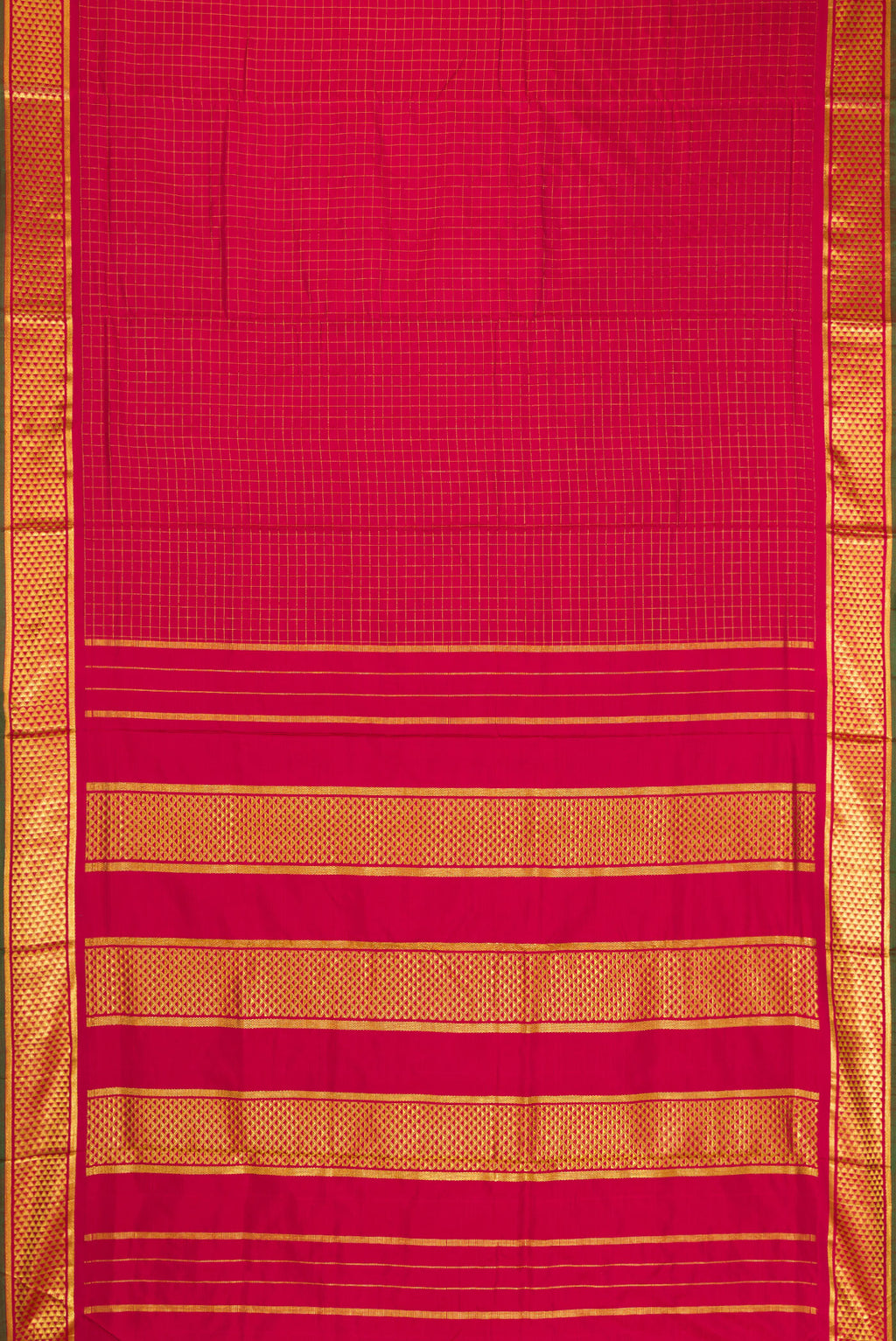 Flat view of Maroon Kanjivaram Silk Nine Yards Saree with Checked design on the body and Zari Border. 