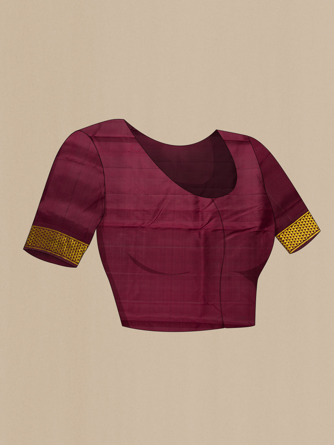 Close up image of the blouse of Pure Silk Pure Zari Red Dual Tone Kanjivaram Nine Yards Saree with Plain Body and Zari Border. 
