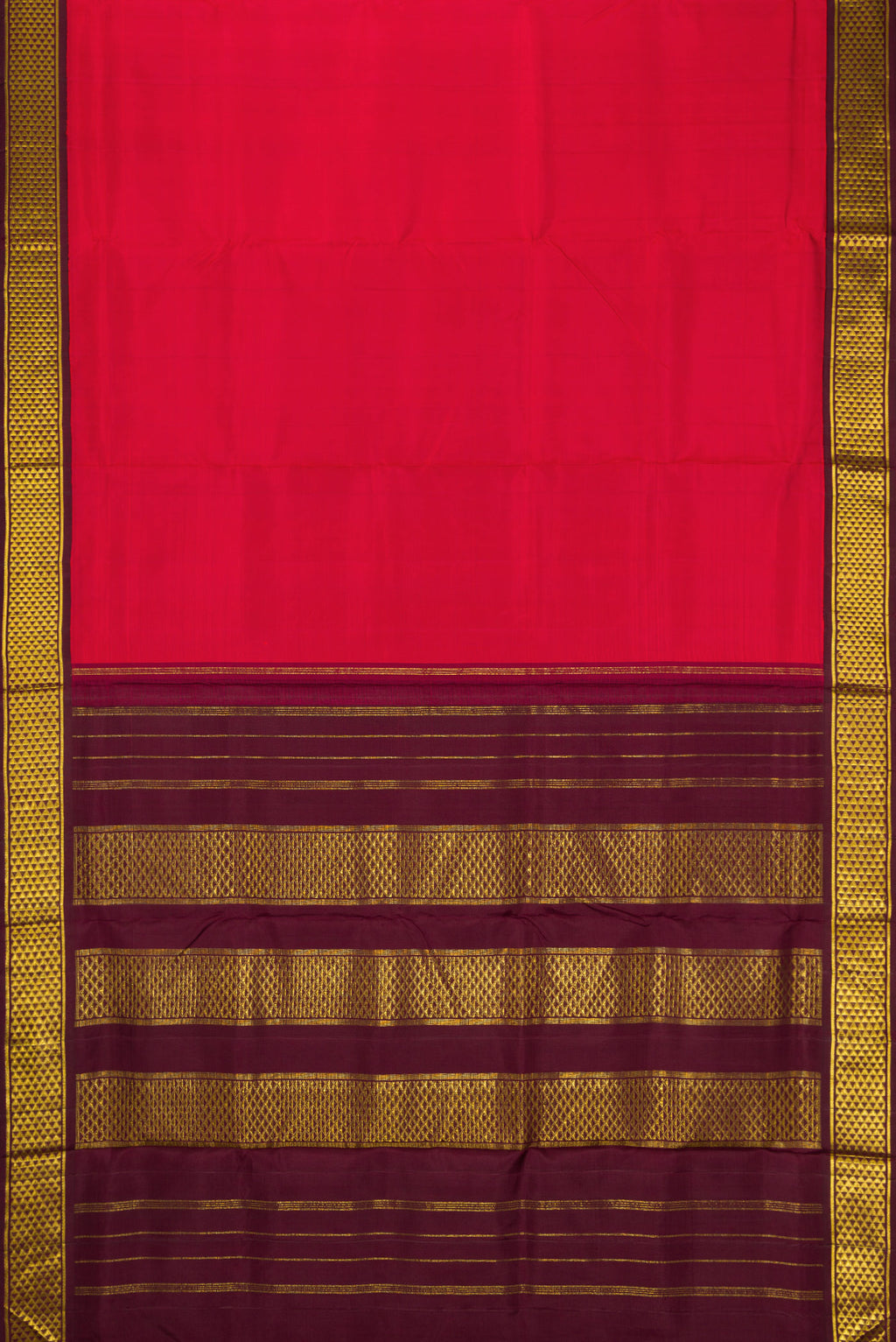 Flat view of Pure Silk Pure Zari Red Dual Tone Kanjivaram Nine Yards Saree with Plain Body and Zari Border. 