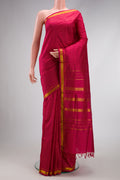 Pure Silk Pure Zari Maroon Dual Tone Kanchipuram Nine Yards Saree with Checked design on the body and Zari Border.  displayed on a mannequin