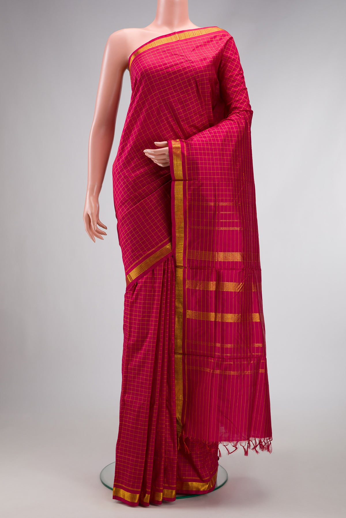 Pure Silk Pure Zari Maroon Dual Tone Kanchipuram Nine Yards Saree with Checked design on the body and Zari Border.  displayed on a mannequin