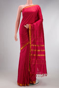 Maroon Kanchipuram Silk Nine Yards Saree with Checked design on the body and Zari Border.  displayed on a mannequin