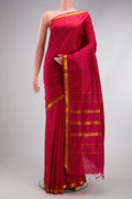 Maroon Kanchipuram Silk Nine Yards Saree with Checked design on the body and Zari Border.  displayed on a mannequin