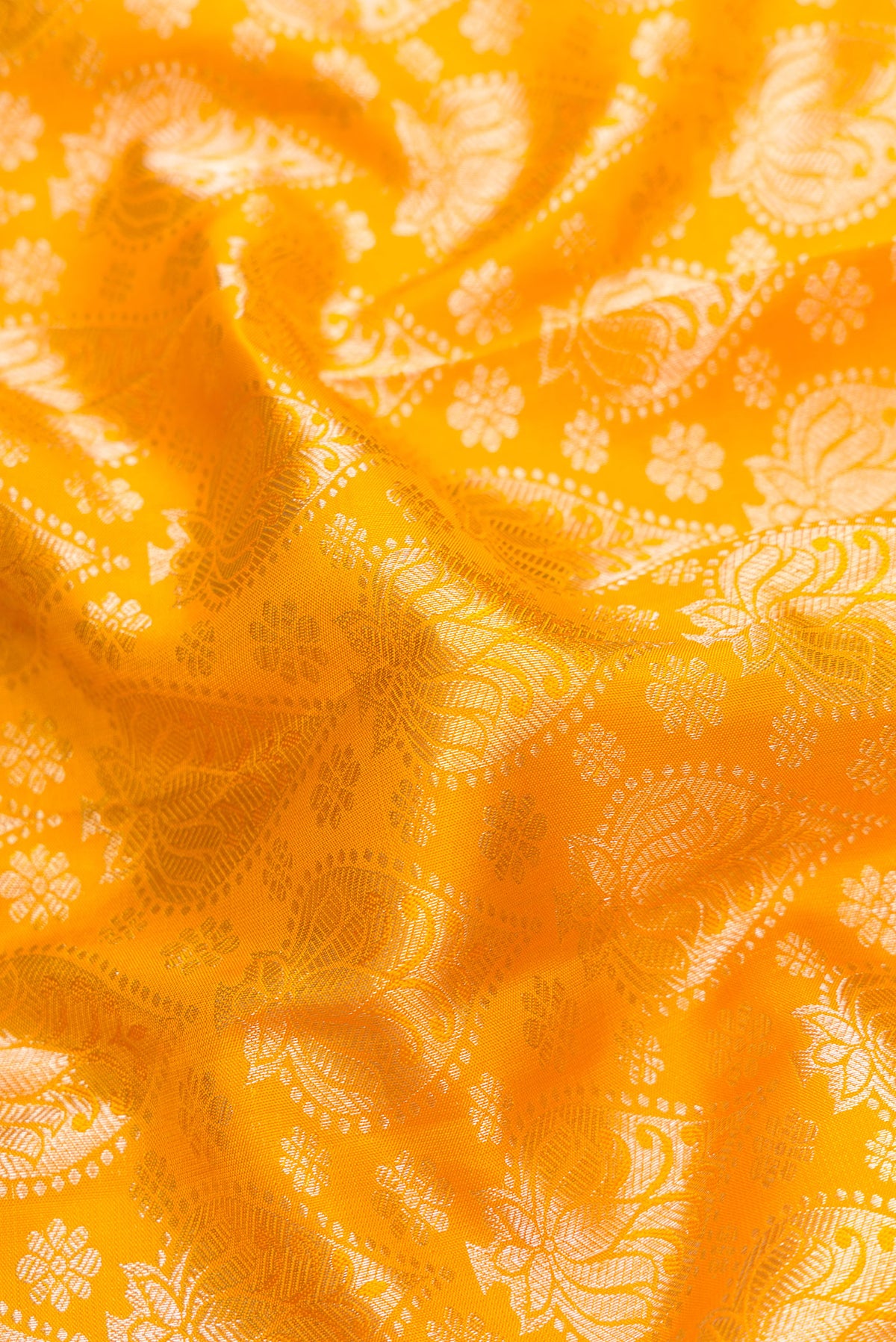 Close up of Mustard Dual Tone Kanjivaram Silk Saree with Zari Brocade on the body and Zari Border.  displaying folds