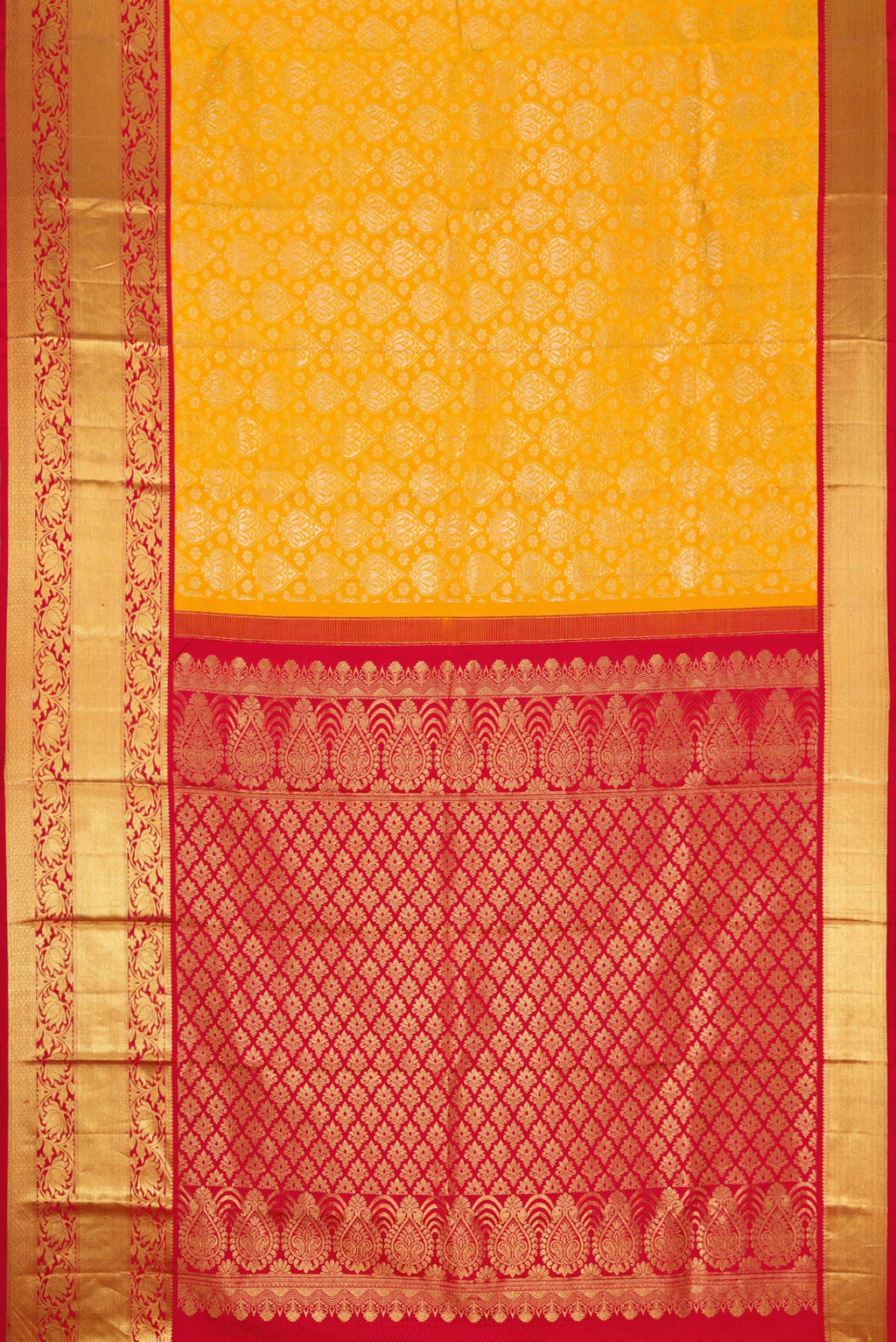 Flat view of Mustard Dual Tone Kanjivaram Silk Saree with Zari Brocade on the body and Zari Border. 