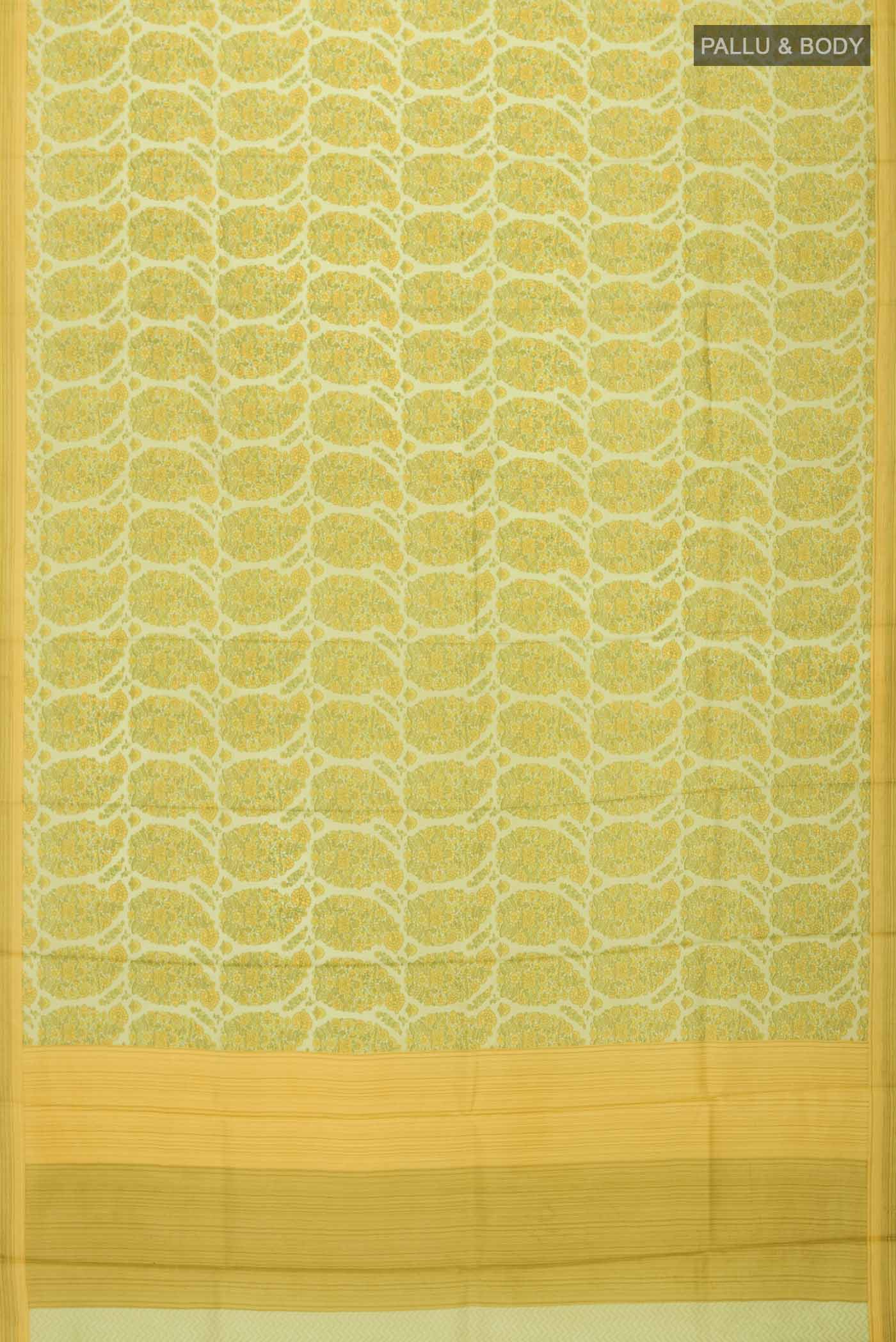 Flat view of Green Printed Silk SareePrinted design on the body and Plain Border