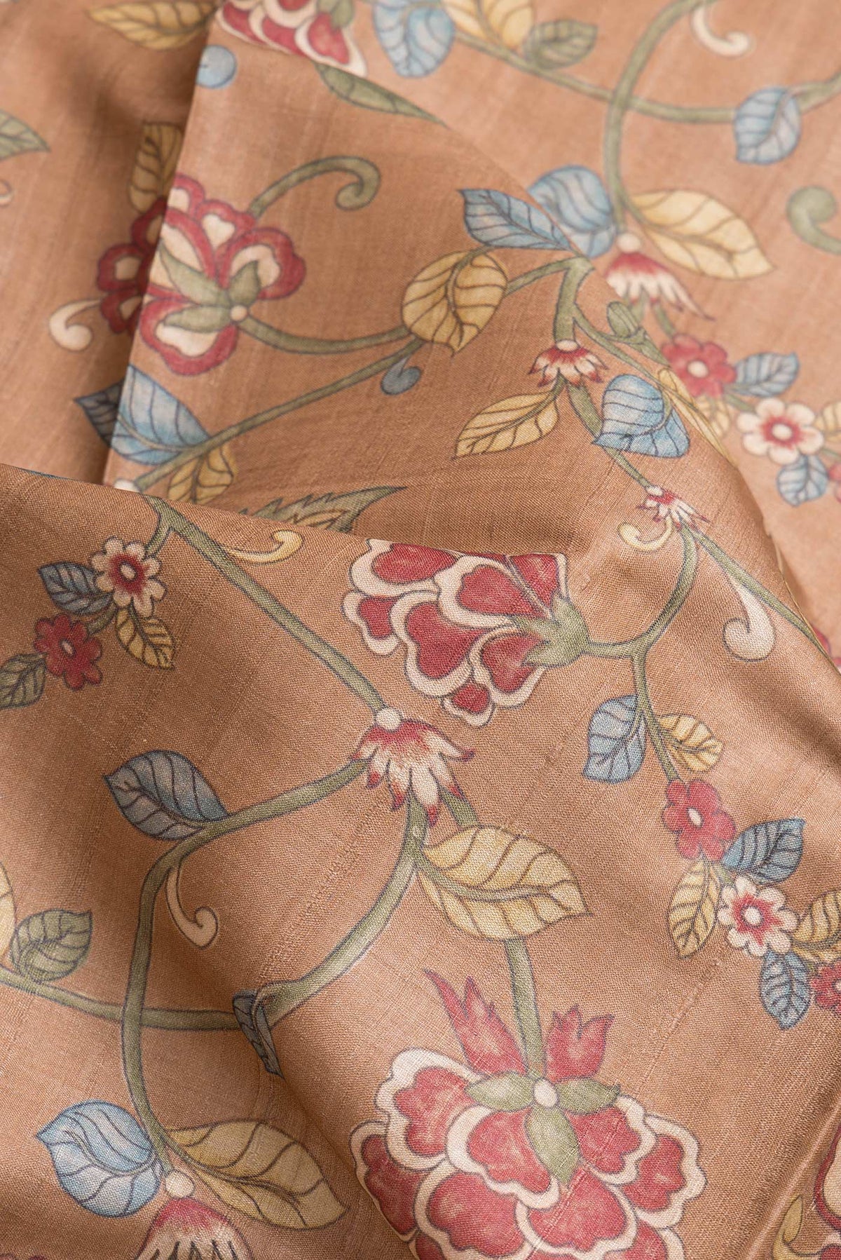 Close up of Dark Beige Dual Tone Tussar Silk Saree with Printed design on the body and Printed Border.  displaying folds