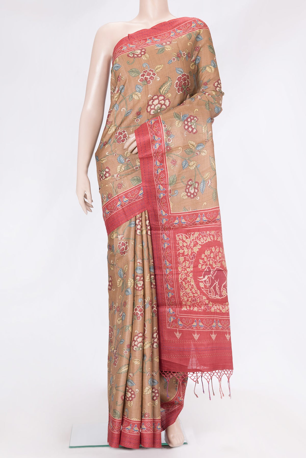 Dark Beige Dual Tone Tussar Silk Saree with Printed design on the body and Printed Border.  displayed on a mannequin