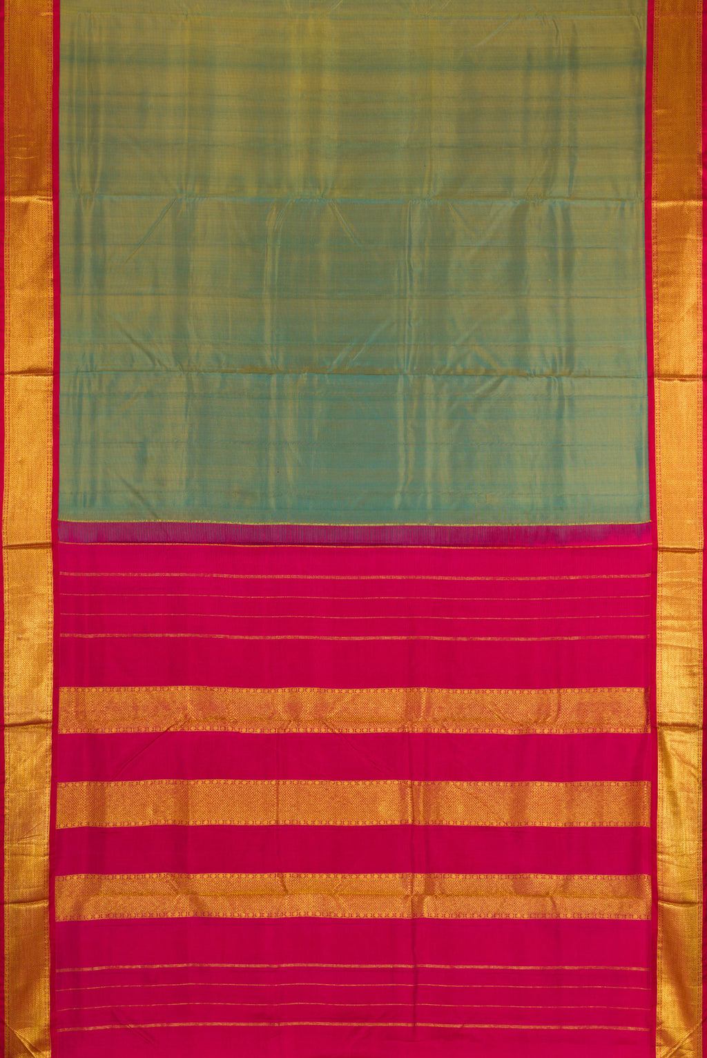 Flat view of Green Dual Tone Kanjivaram Silk Nine Yards Saree with Stripes on the body and Zari Border. 