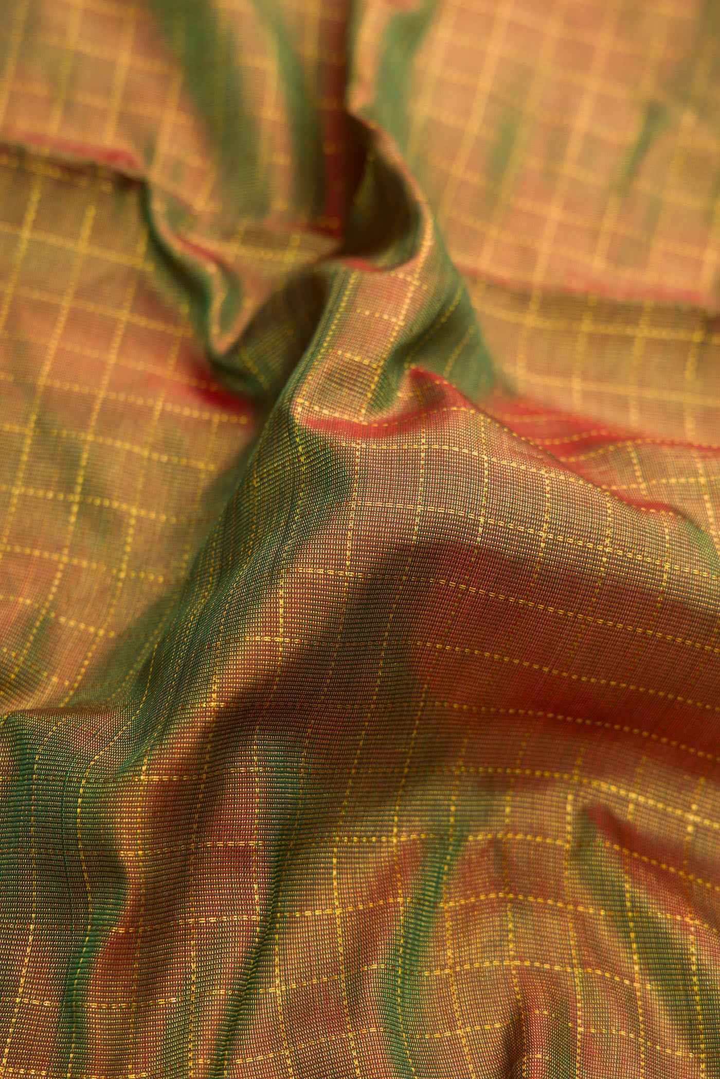 Close up of Mehandi Green Dual Tone Kanjivaram Silk Nine Yards Saree with Stripes on the body and Zari Border.  displaying folds