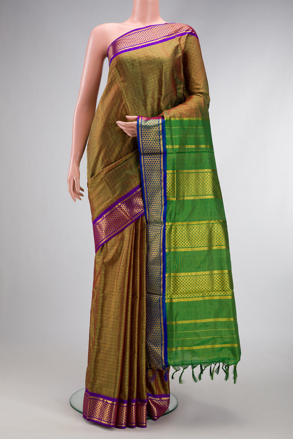 Mehandi Green Dual Tone Kanjivaram Silk Nine Yards Saree with Stripes on the body and Zari Border.  displayed on a mannequin