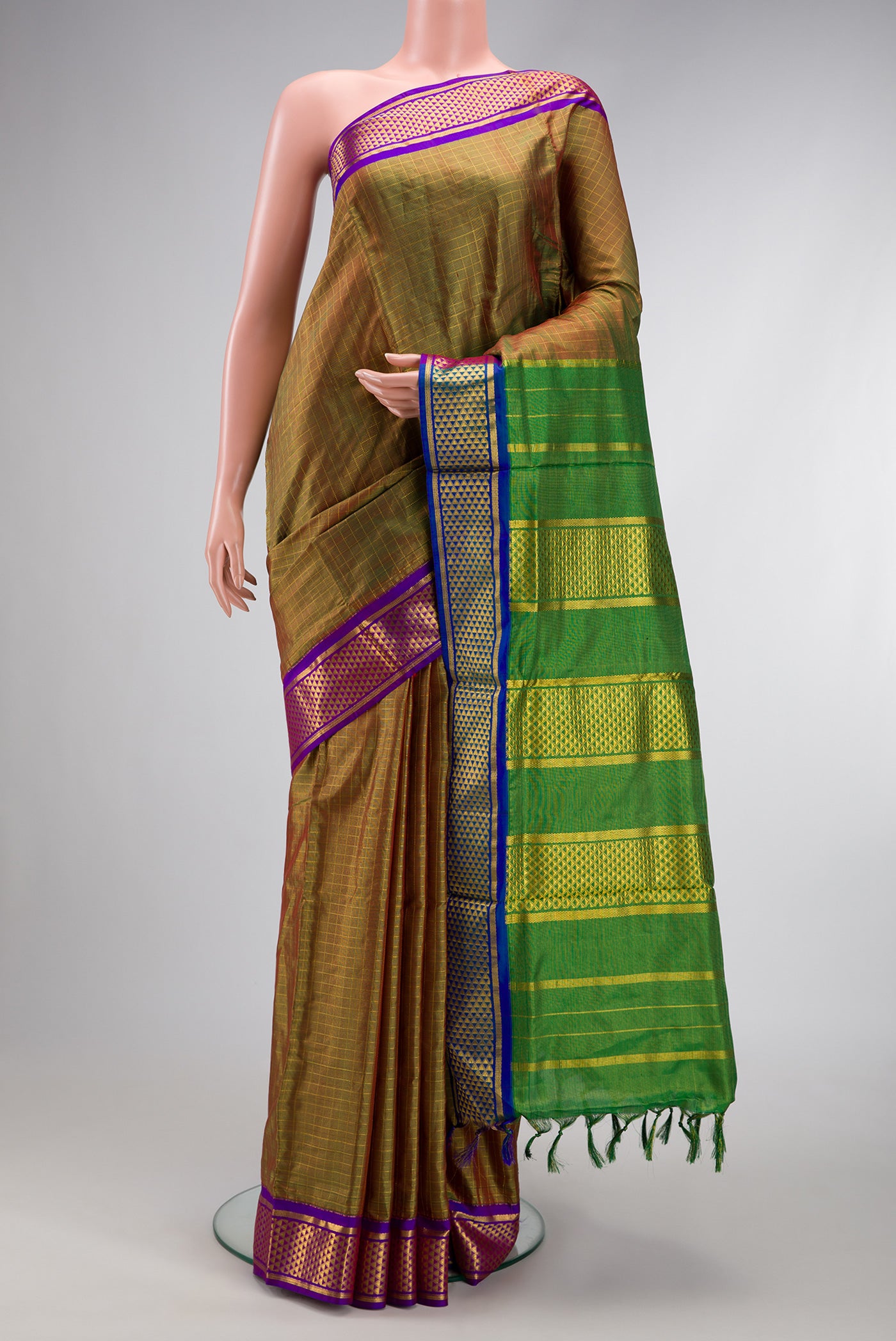 Mehandi Green Dual Tone Kanjivaram Silk Nine Yards Saree with Stripes on the body and Zari Border.  displayed on a mannequin