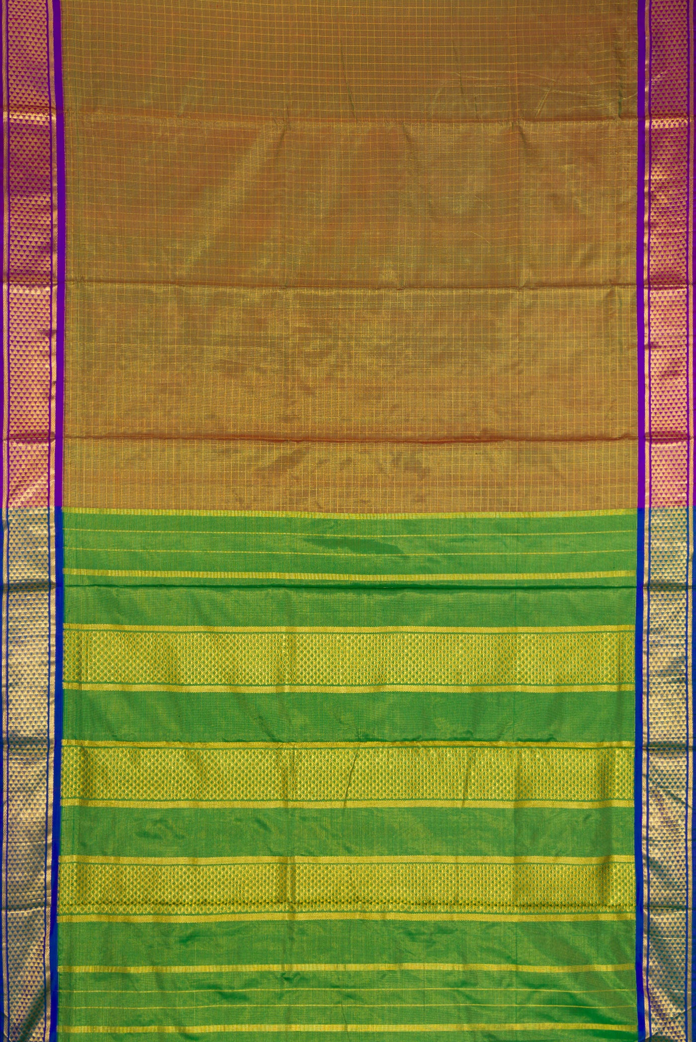 Flat view of Mehandi Green Dual Tone Kanjivaram Silk Nine Yards Saree with Stripes on the body and Zari Border. 