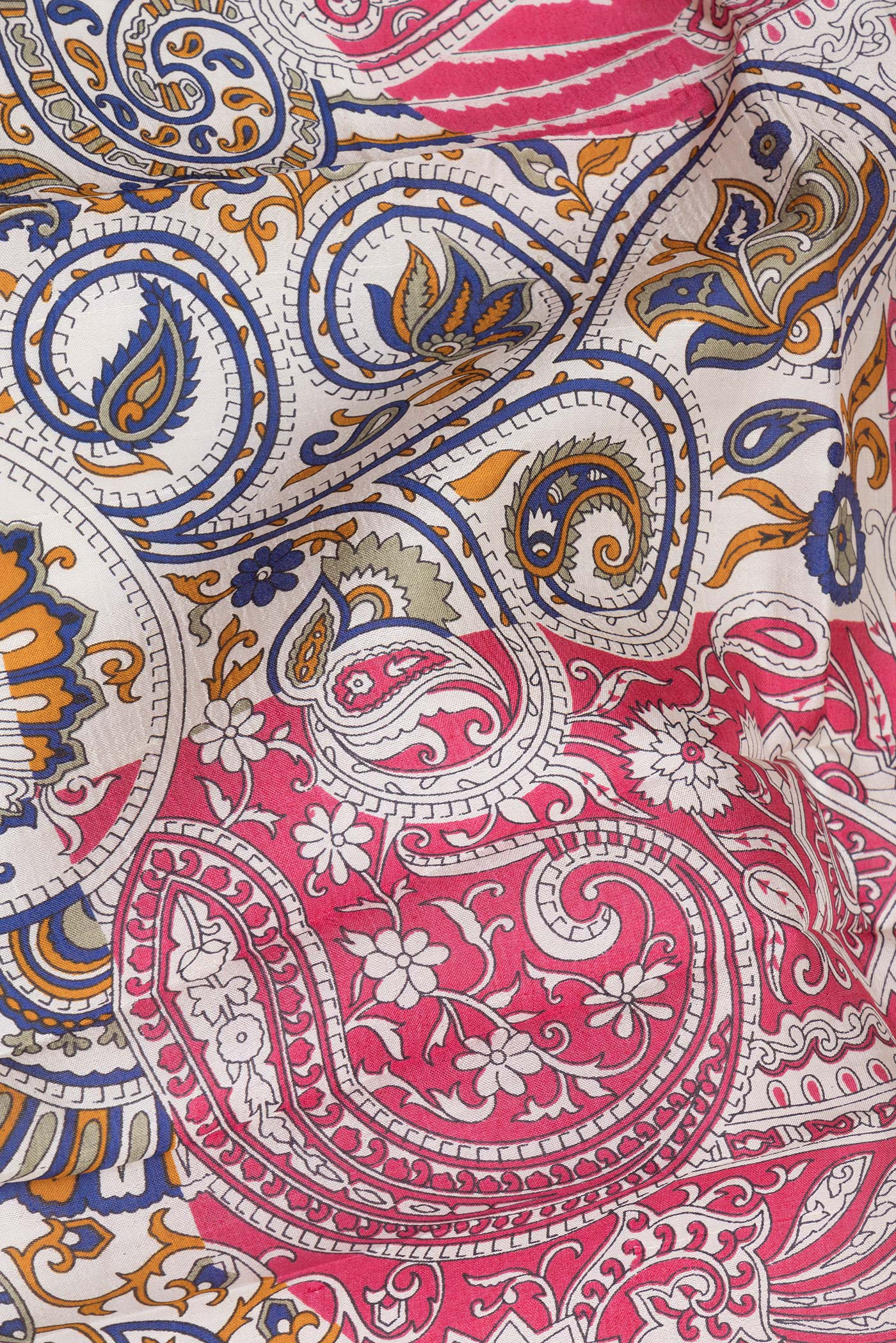 Close up of Multi Color Printed Silk Saree with Printed design on the body and Plain Border.  displaying folds