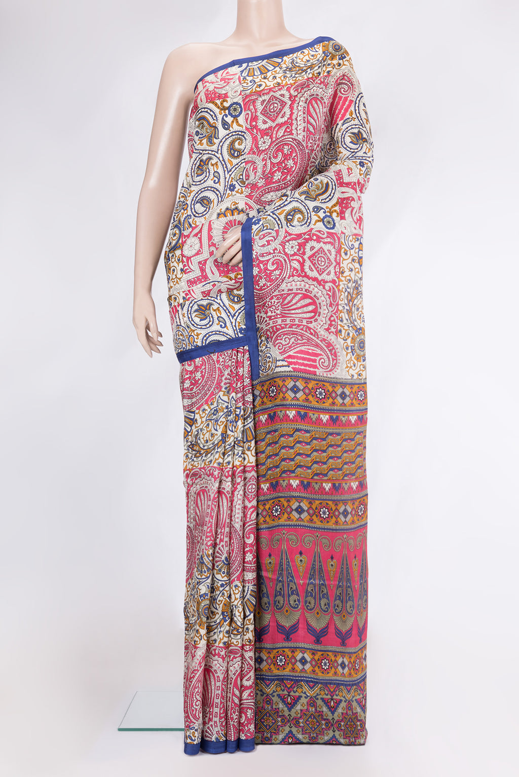 Multi Color Printed Silk Saree with Printed design on the body and Plain Border.  displayed on a mannequin