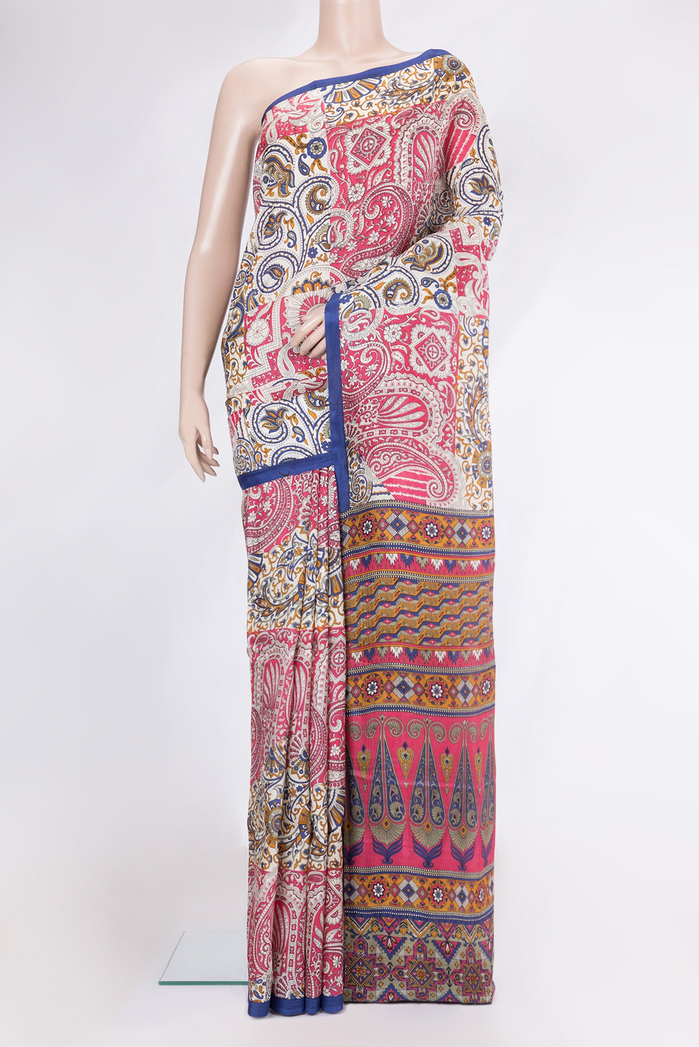 Multi Color Printed Silk Saree with Printed design on the body and Plain Border.  displayed on a mannequin