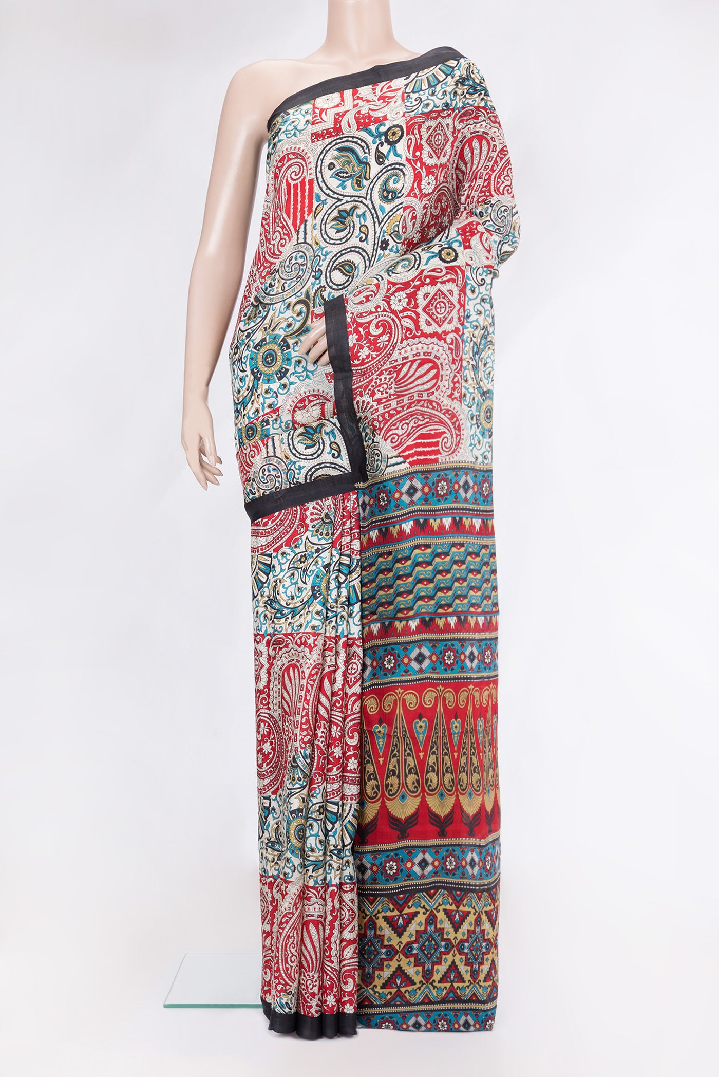 Off White Printed Silk Saree with Printed design on the body and Plain Border.  displayed on a mannequin