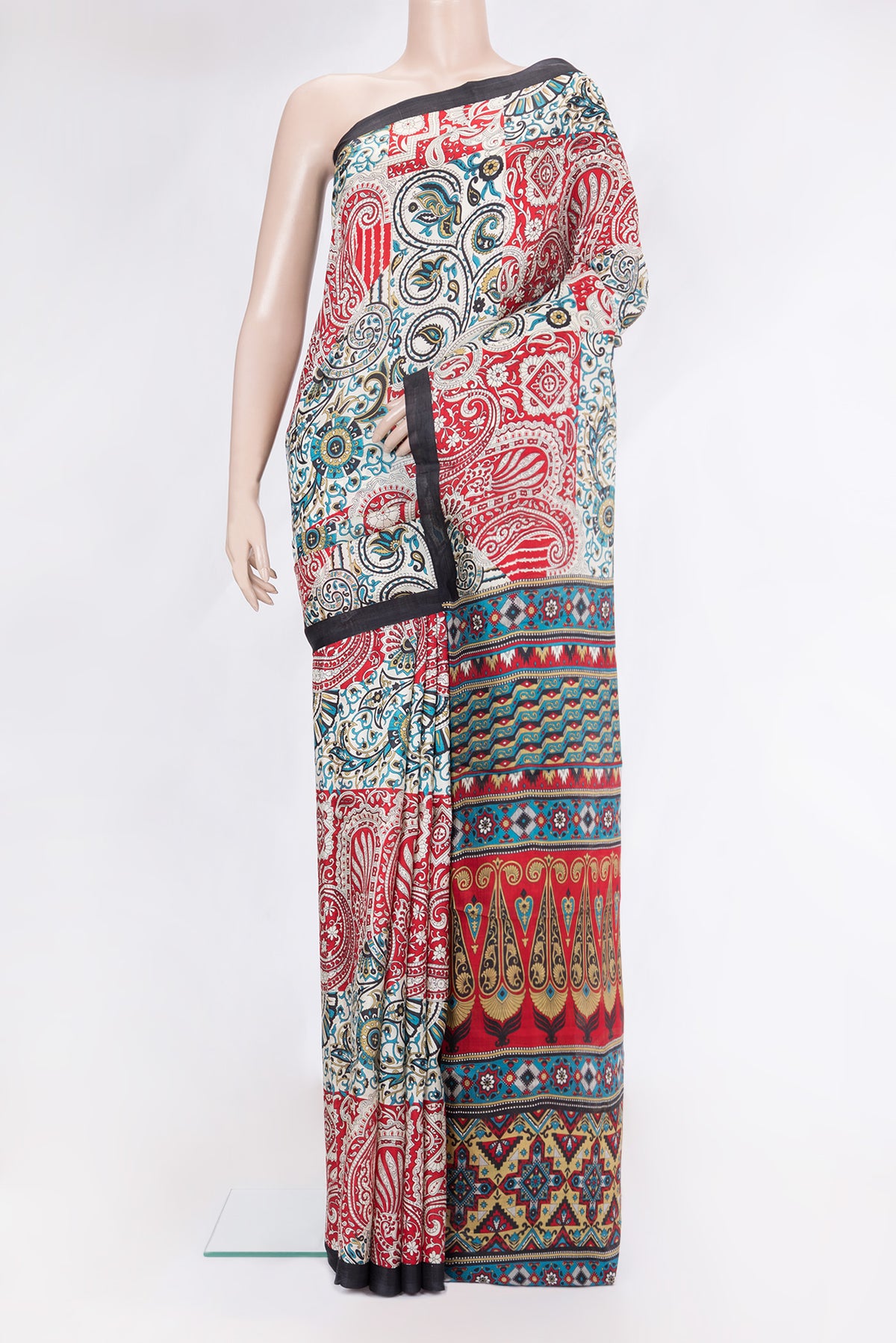 Off White Printed Silk Saree with Printed design on the body and Plain Border.  displayed on a mannequin
