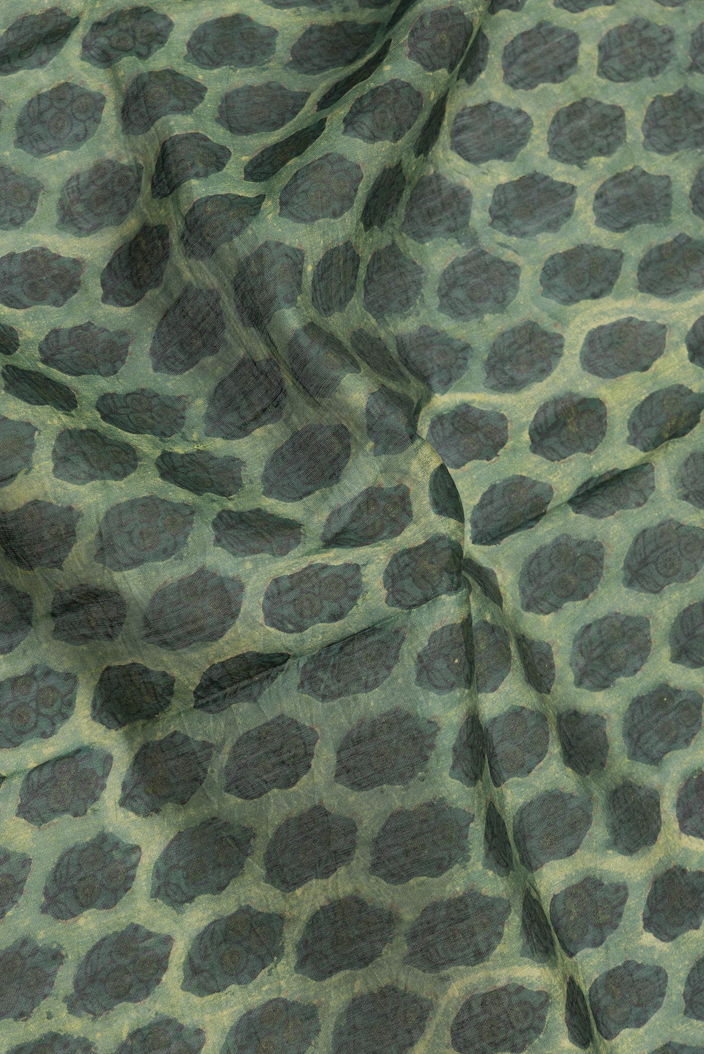 Close up of Green Dual Tone Chanderi Silk Saree with Printed design on the body and Zari Border.  displaying folds
