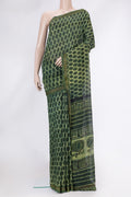 Green Dual Tone Chanderi Silk Saree with Printed design on the body and Zari Border.  displayed on a mannequin