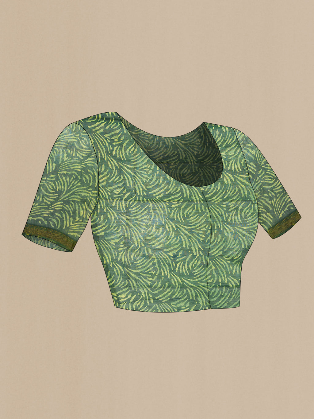 Close up image of the blouse of Green Dual Tone Tussar Silk Saree with Printed design on the body and Zari Border. 