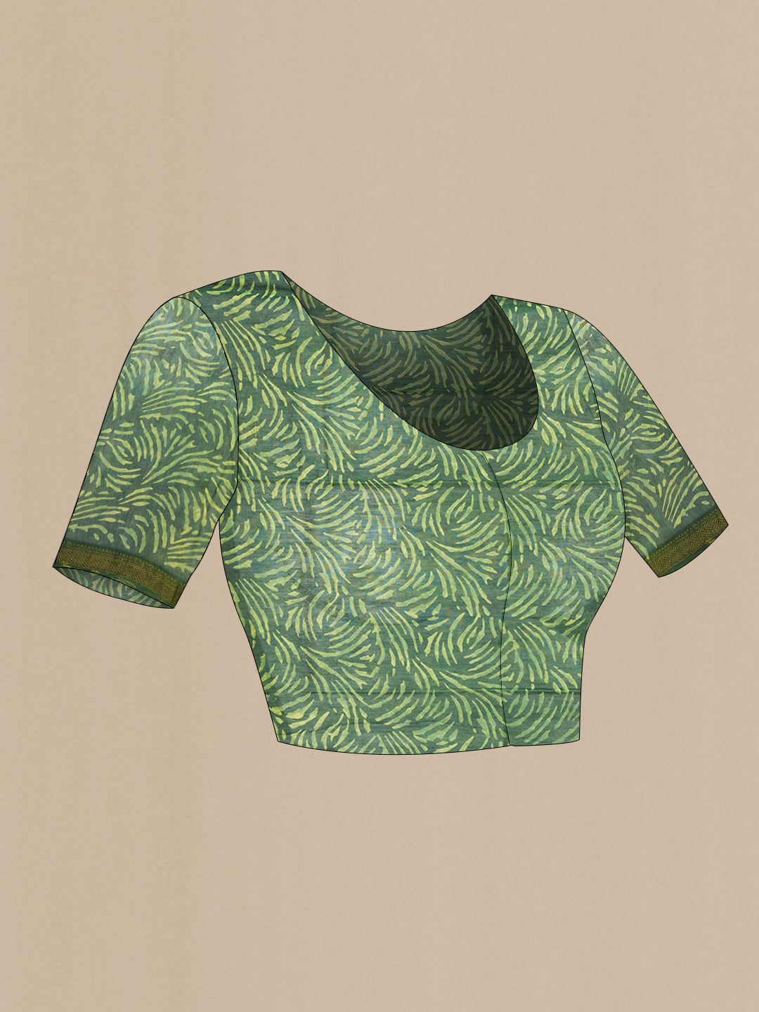 Close up image of the blouse of Green Dual Tone Tussar Silk Saree with Printed design on the body and Zari Border. 