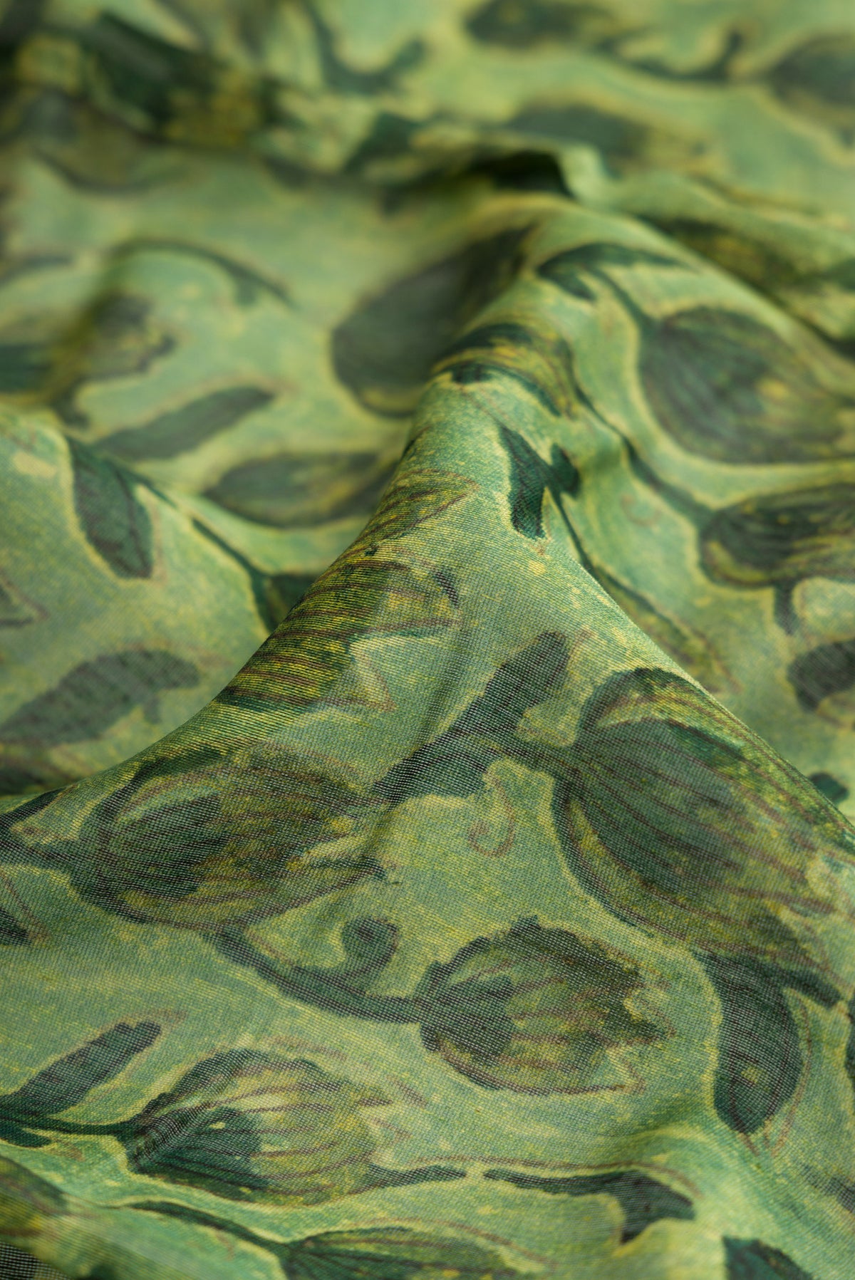 Close up of Green Dual Tone Tussar Silk Saree with Printed design on the body and Zari Border.  displaying folds