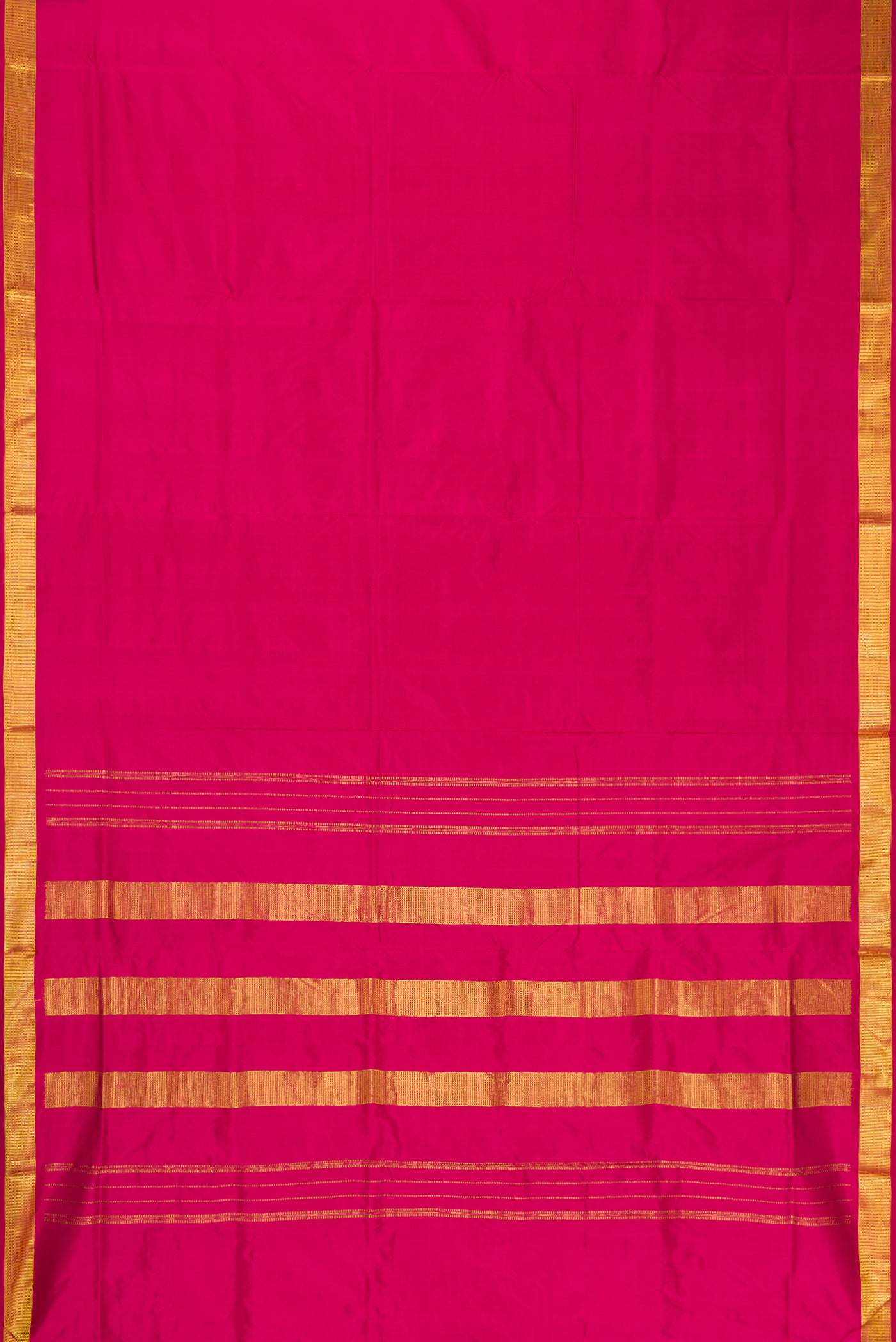 Flat view of Dark Mauve Dual Tone Kanchipuram Silk Nine Yards Saree with Plain Body and Zari Border. 