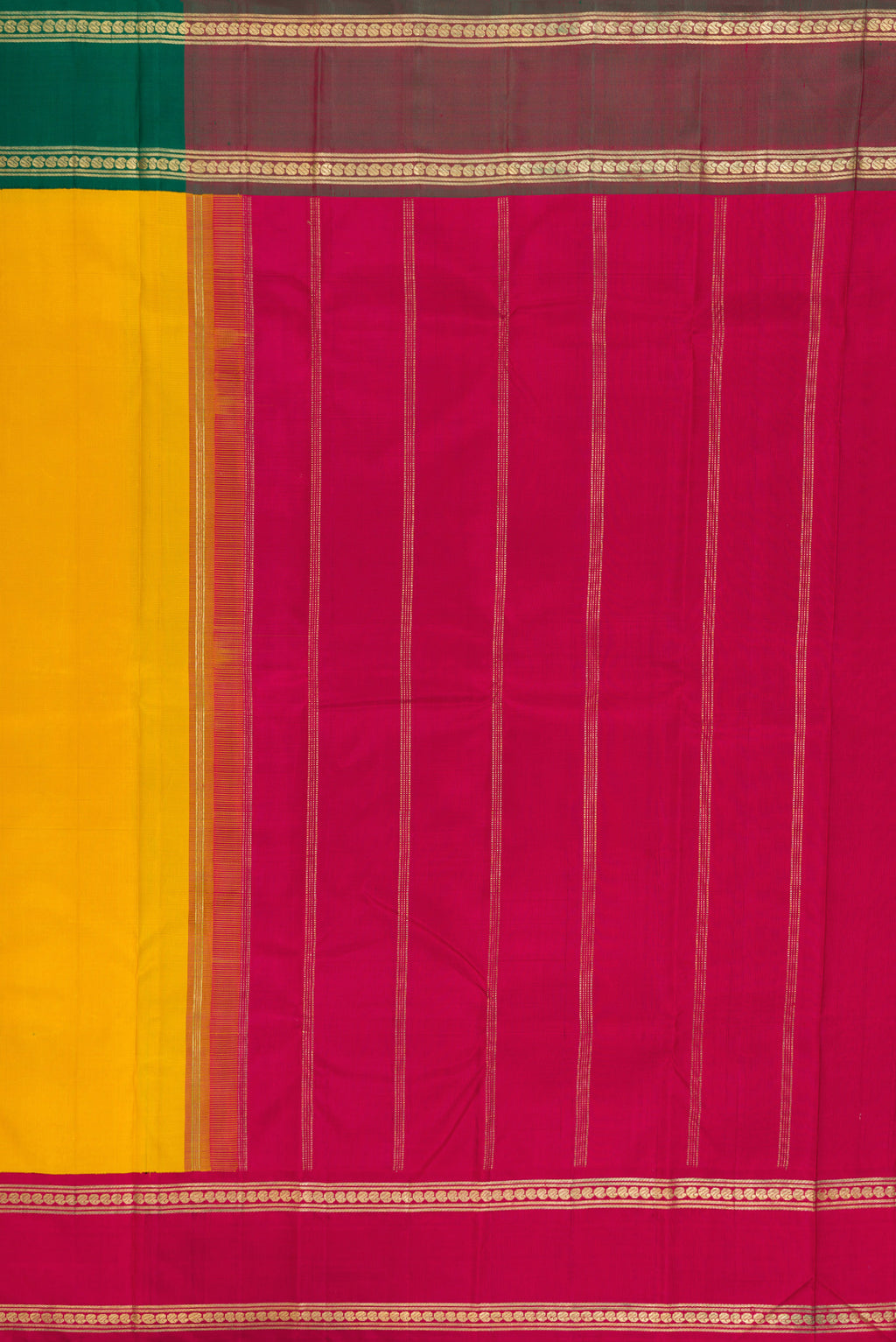 Close up image of the pallu of Pure Silk Pure Zari Mustard Kanjivaram Saree with Plain Body and Ganga Jamuna Border. 