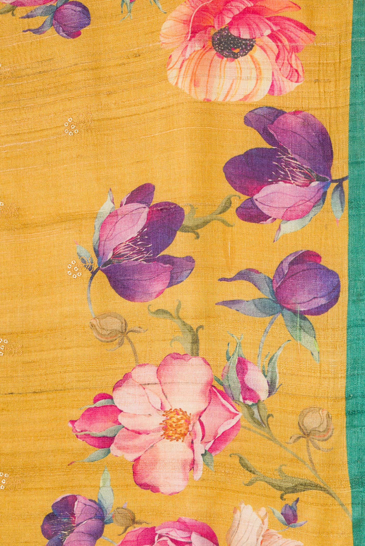 Border image of Mustard Dual Tone Tussar Silk Saree with Zari Butta on the body and Printed Border. 
