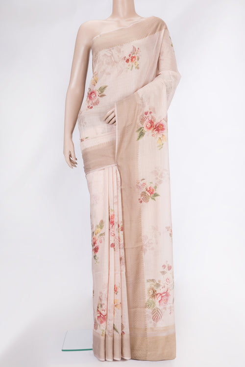 Rose Gold Dual Tone Chanderi Silk Saree with Printed design on the body and Thread Border.  displayed on a mannequin