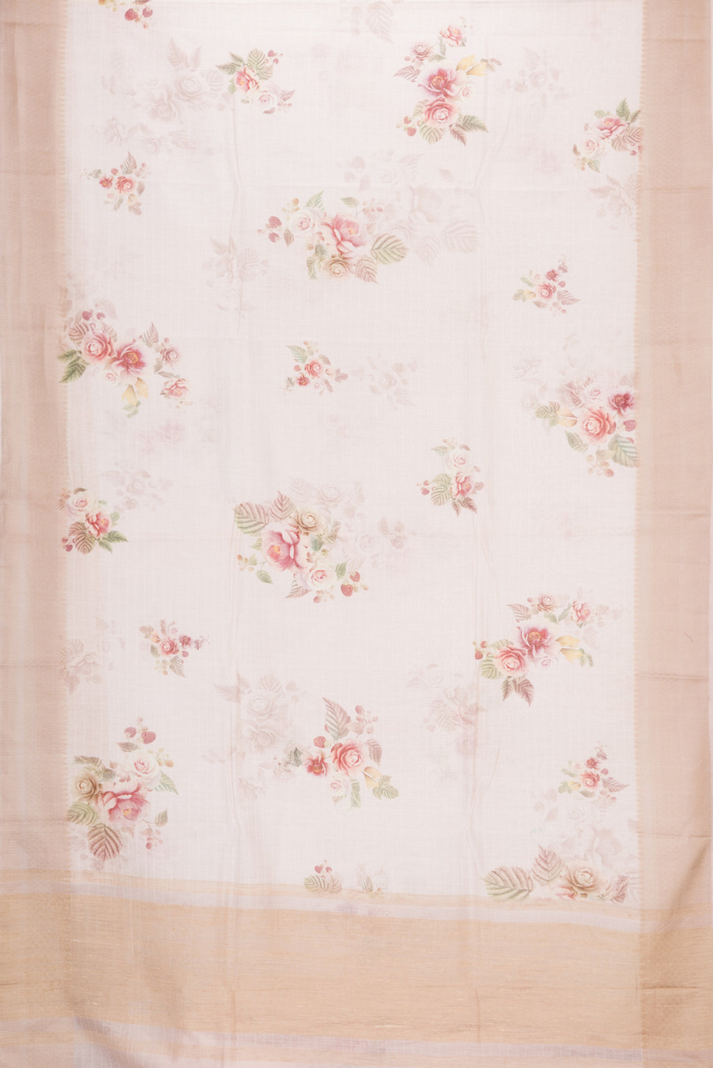 Flat view of Rose Gold Dual Tone Chanderi Silk Saree with Printed design on the body and Thread Border. 