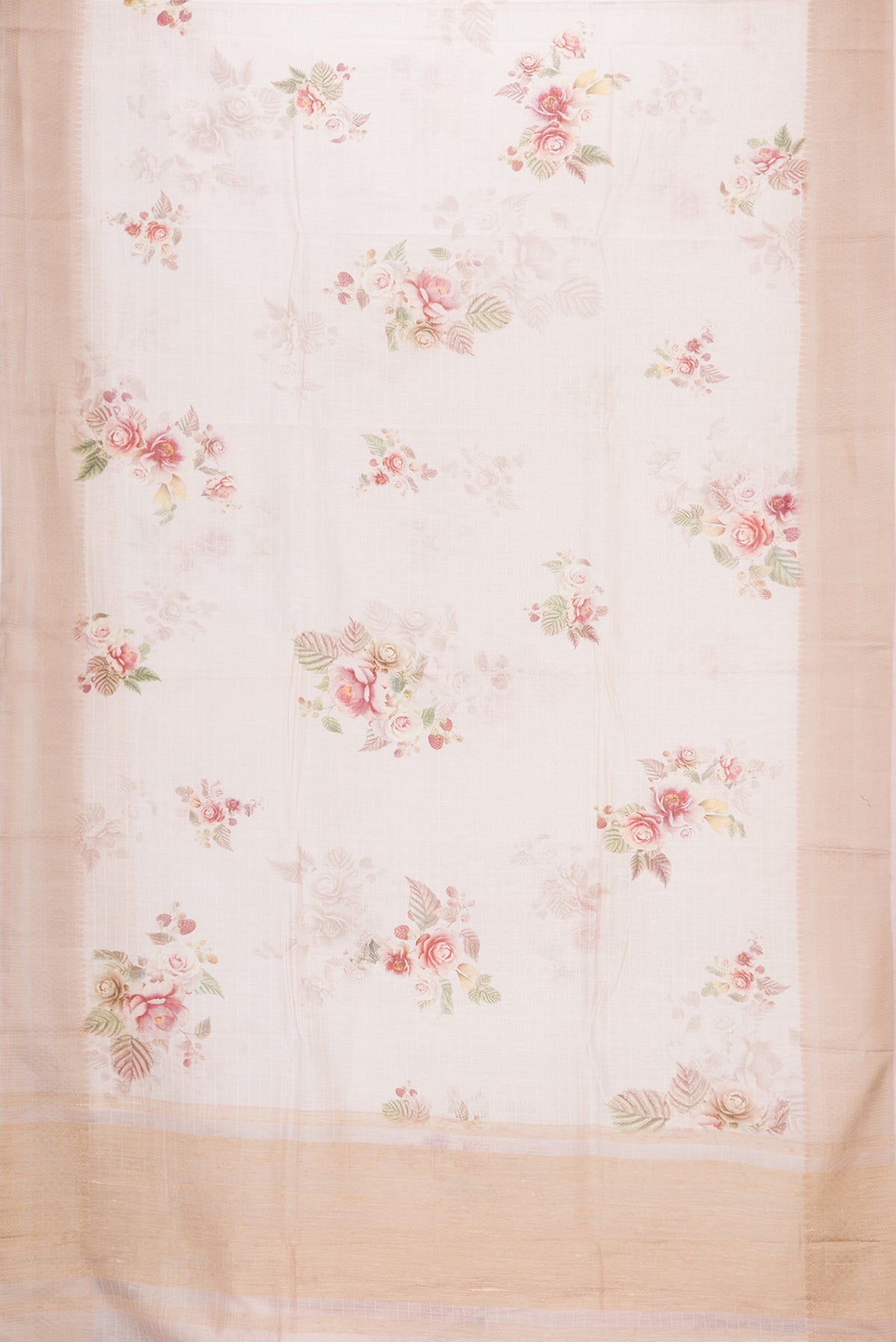 Flat view of Rose Gold Dual Tone Chanderi Silk Saree with Printed design on the body and Thread Border. 