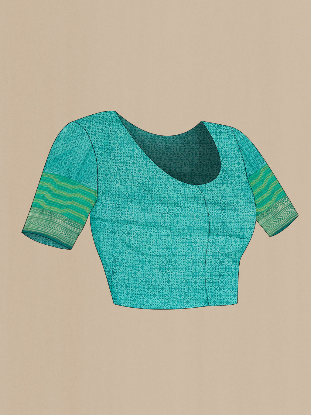 Close up image of the blouse of Sea Green Dual Tone Tussar Silk Saree with Printed design on the body and Zari Border. 