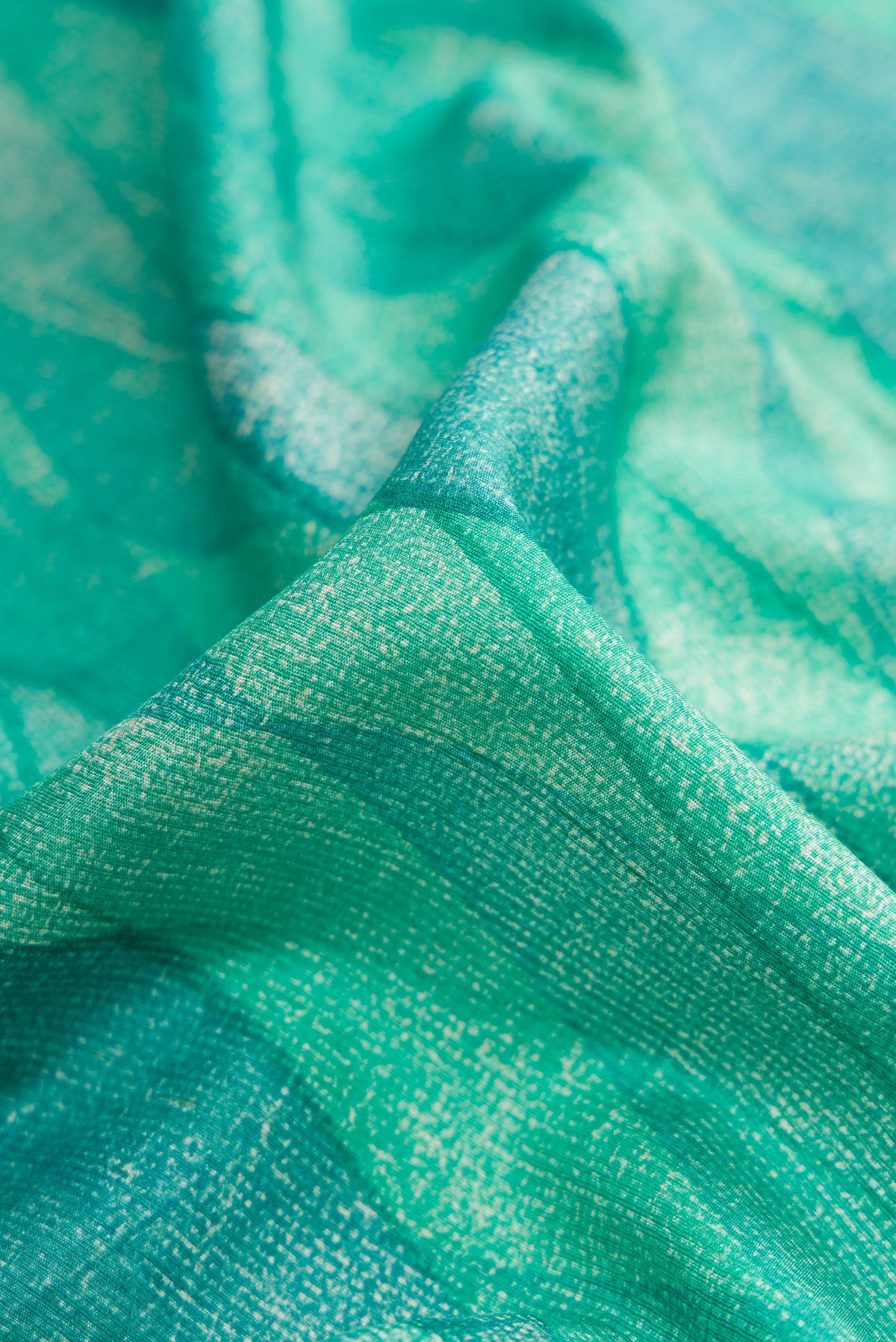 Close up of Sea Green Dual Tone Tussar Silk Saree with Printed design on the body and Zari Border.  displaying folds