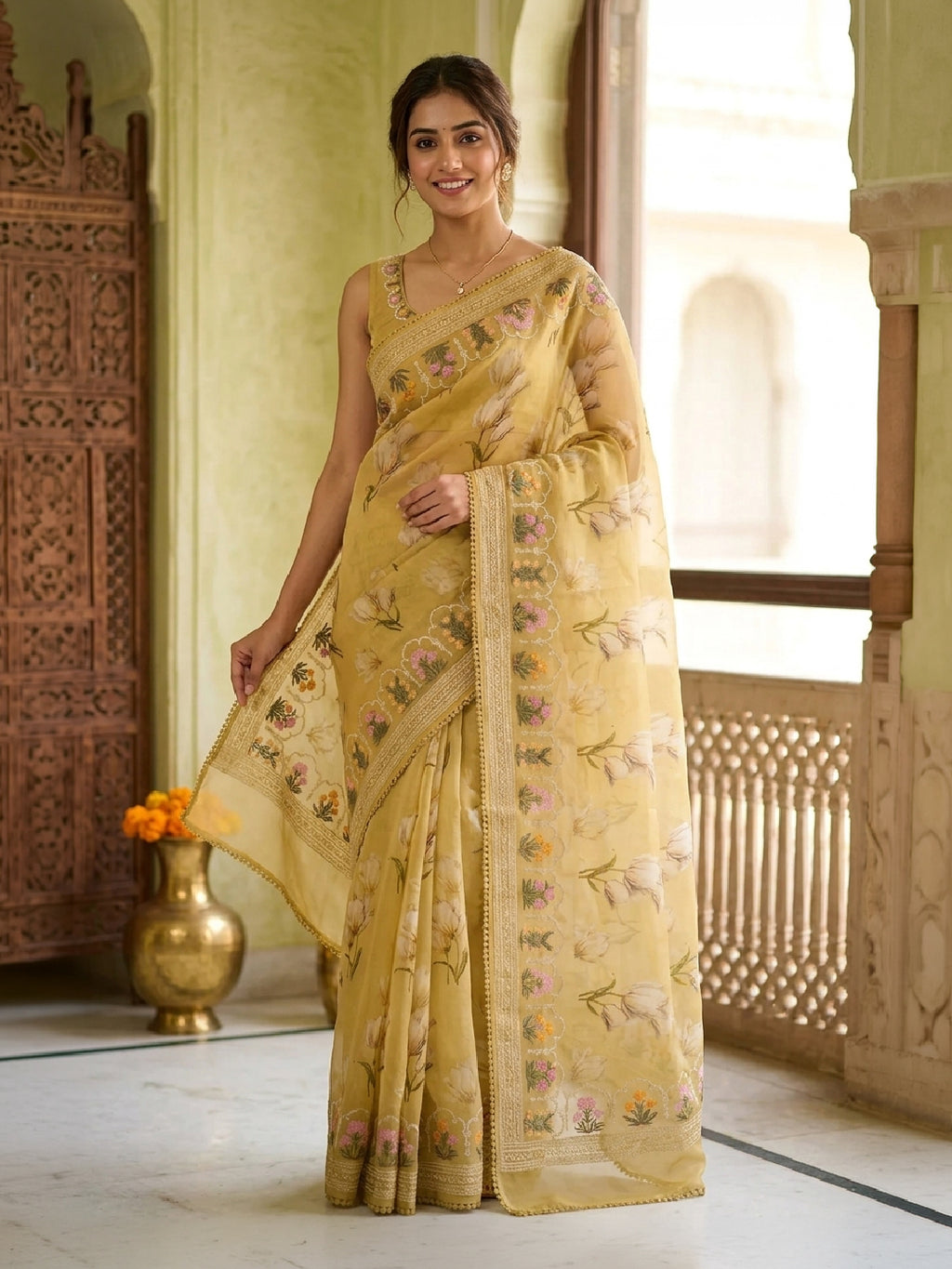 Model wearing a Sandal Organza Silk SareePrinted design on the body and Embroidery Border.
