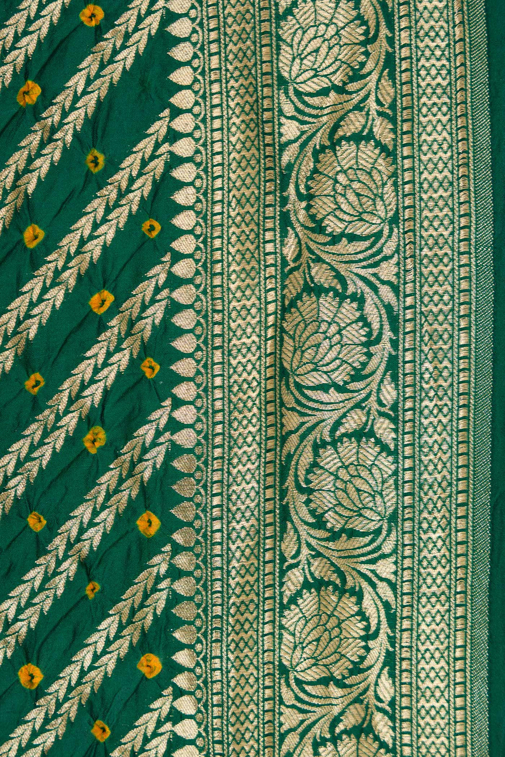 Border image of Bottle Green Dual Tone Bandhani Silk Saree with Bandhani Print on the body and Zari Border. 