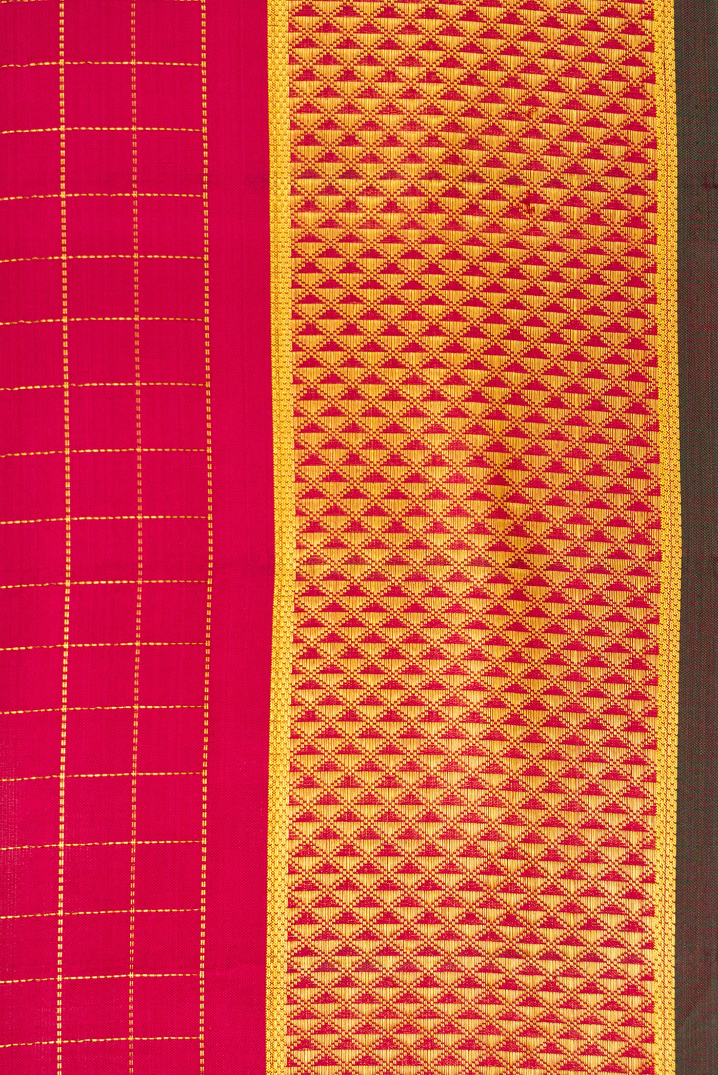 Border image of Red Dual Tone Kanchipuram Silk Saree with Checked design on the body and Zari Border. 